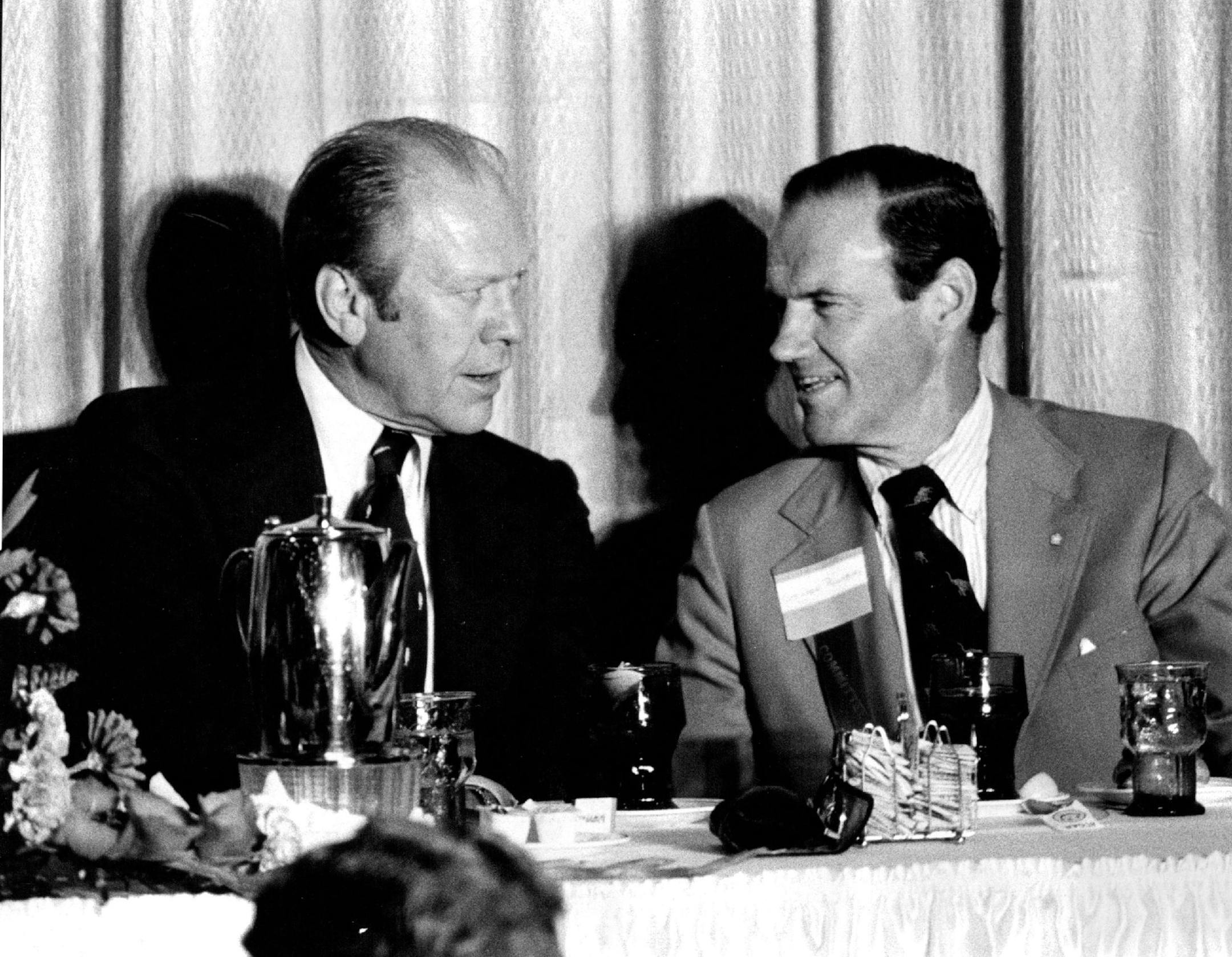 August 20, 1975 Ford and State Sen. George Pillsbury GOP affair at Registry Hotel yesterday you DON'T have to be a foot-ball hero to get along with President Ford, but it helps. Just ask two of them &#xd1; Francis (Pug) Lund, All-America left half-back for the 1934 Minnesota Gophers, and Bill (Boom Boom) Brown, long-time fullback for the Minnesota Vikings. Both had personal conversations with the President yesterday. In addition, Ford paid public tribute to Lund and told members of the Republica