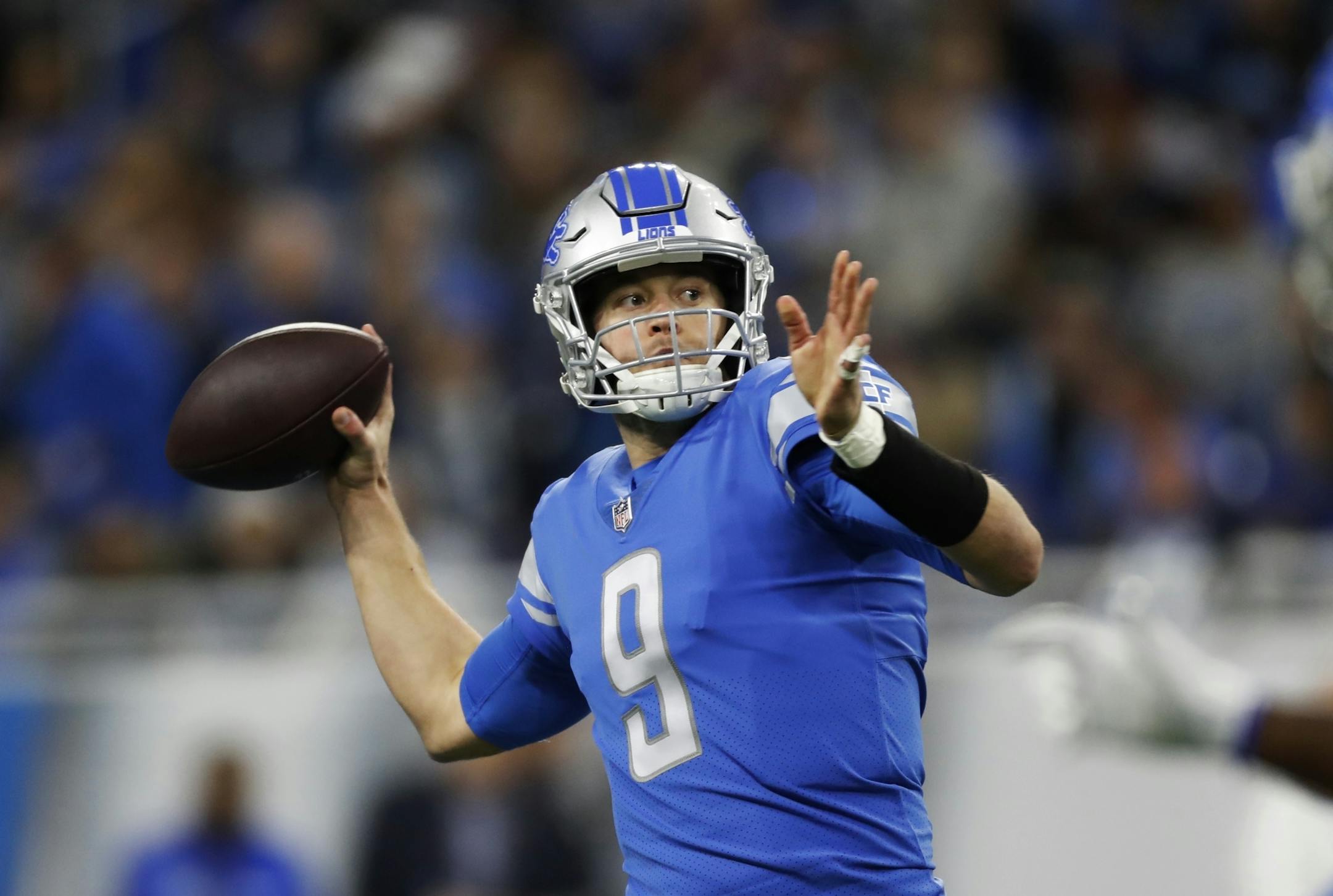 Detroit Lions quarterback Matthew Stafford throws during the first half of an NFL football game against the Minnesota Vikings, Sunday, Dec. 23, 2018, in Detroit.