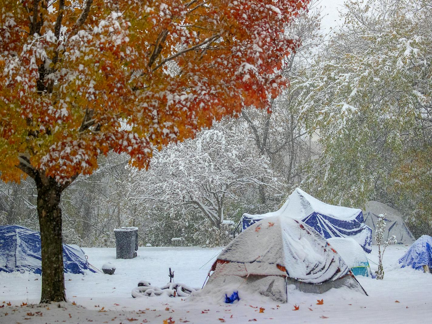 Snow hovered over the Fall colored trees and a homeless encampment near Minnehaha Falls, Tuesday, October 20, 2020 in Minneapolis, MN. ] ELIZABETH FLORES • liz.flores@startribune.com