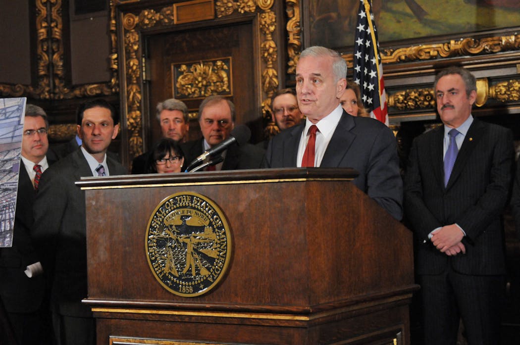 The state seal was affixed to a lectern in the governor's reception room at the Capitol in 2011. Former Gov. Mark Dayton was speaking about an agreement to build the Vikings stadium.