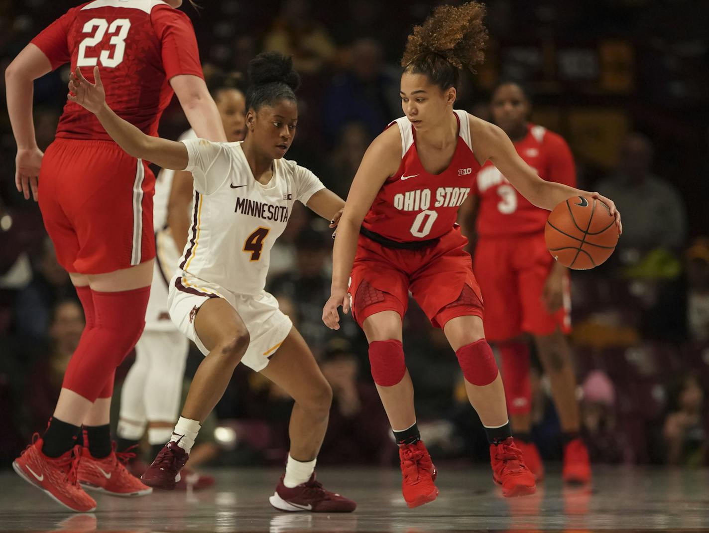 The Gophers' Jasmine Powell guarded Ohio State's Madison Greene the first half.