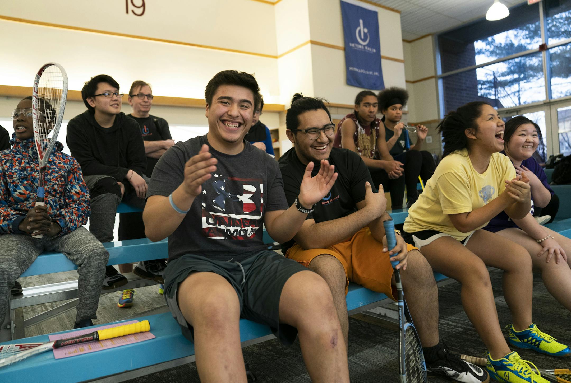 Eduardo Gomez and Gilberto Viveros laughed at their coach during a Beyond Walls Urban Squash Twin Cities practice at the University of Minnesota in Minneapolis, Minn., on Wednesday, January 23, 2019. ] RENEE JONES SCHNEIDER ¥ renee.jones@startribune.com