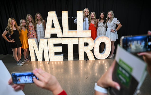 The Rosemount softball team takes groups photos before the Star Tribune's sixth annual All-Metro Sports Awards show Wednesday, June 28, 2023, at Targe