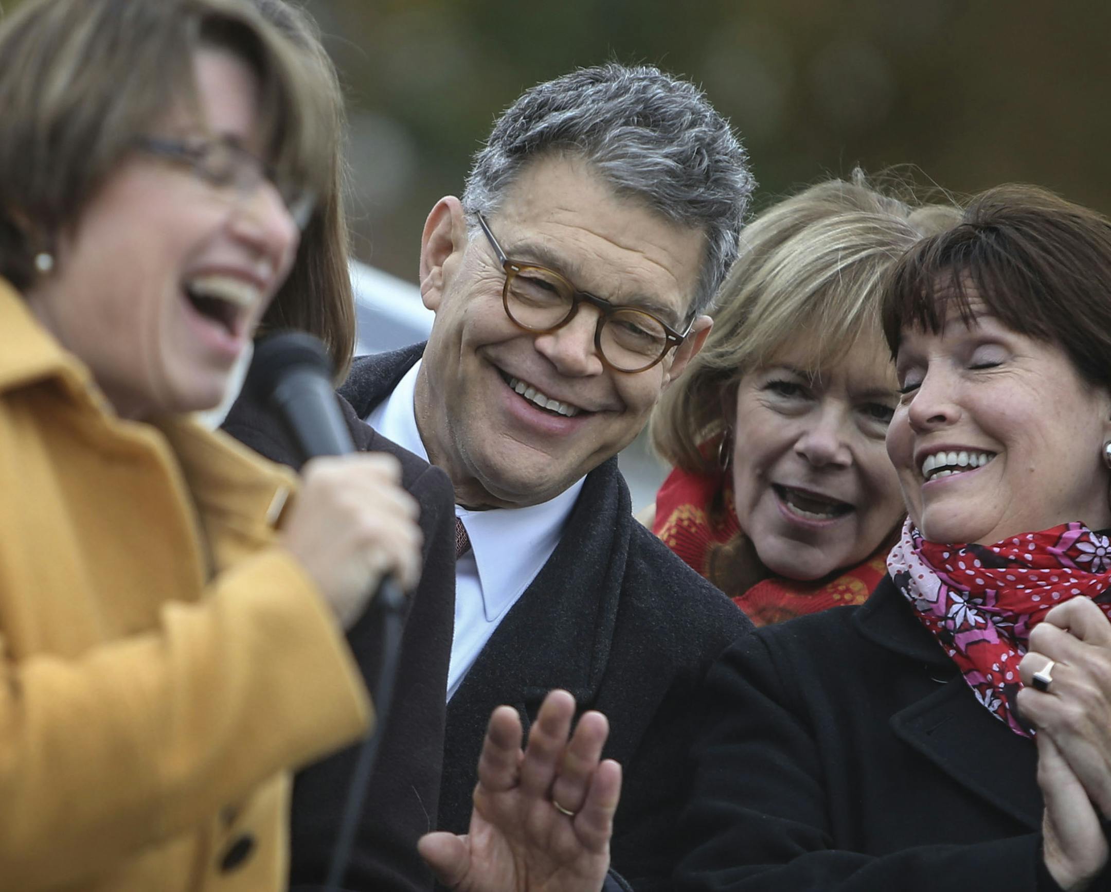 The DFL kicked off its get-out-the-vote bus tour at the State Capitol Wednesday, Oct. 29, 2014, in St. Paul, MN. Here, Sen. Al Franken, second from left to right, Lt. Gov. Tina Smith and Rep. Betty McCollum look on as Sen. Amy Klobuchar, left, addressed those gathered.](DAVID JOLES/STARTRIBUNE)djoles@startribune.com DFL will be kicking off its get-out-the-vote bus tour at the Capitol
