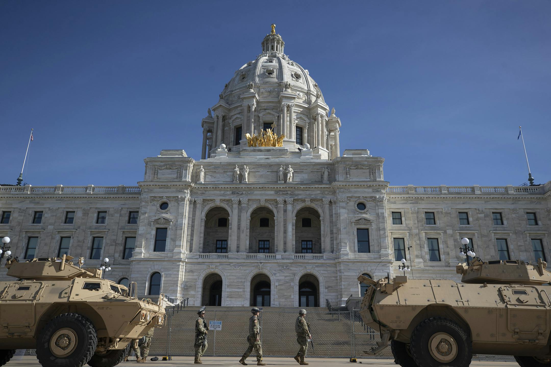 The Minnesota national guard prepare for a noon protest noon protest at the state capitol .] Jerry Holt •Jerry.Holt@startribune.com The Minnesota national guard prepare for a noon protest noon protest at the state capitol Sunday May 31, 2020 in St. Paul,MN.
