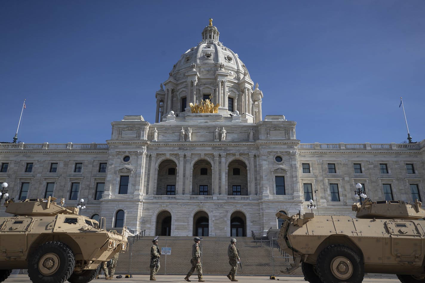 The Minnesota national guard prepare for a noon protest noon protest at the state capitol .] Jerry Holt •Jerry.Holt@startribune.com The Minnesota national guard prepare for a noon protest noon protest at the state capitol Sunday May 31, 2020 in St. Paul,MN.