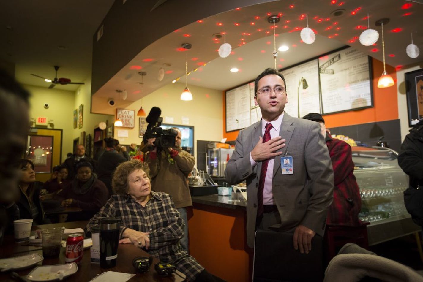 Sergio Paez spoke to the media and members of the public that showed up to question him in his continuing mission to secure the job of superintendent of Minneapolis Public Schools at Sammy'a Avenue Eatery on Tuesday, January 5, 2015, in Minneapolis, Minn.