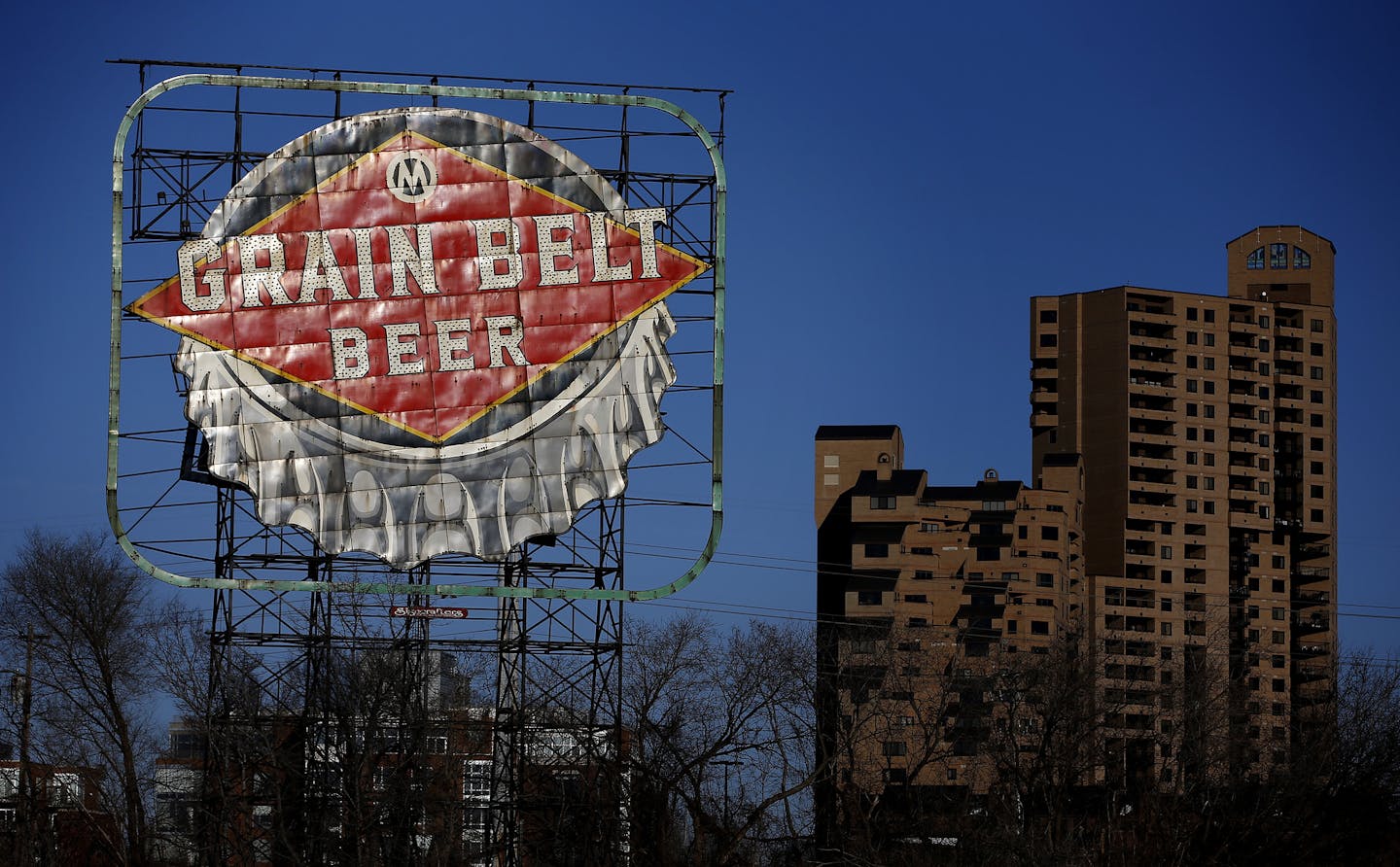 Grain Belt sign Minneapolis, Minnesota. ] CARLOS GONZALEZ cgonzalez@startribune.com, January 15, 2015, Minneapolis, Minn., Recent movement on the old-neon-sign front is welcome news to lovers of old signs, from North Star Blanket to Grain Belt and Schmidt Brewery. Story updates status of signs (Schmidt Beer is re-lit in St. Paul; North Star Blanket is slated for restoration; Pillsbury A Mill is down but there are hopes for its revival; Grain Belt on Nicollet Island is not lit but is slated for r