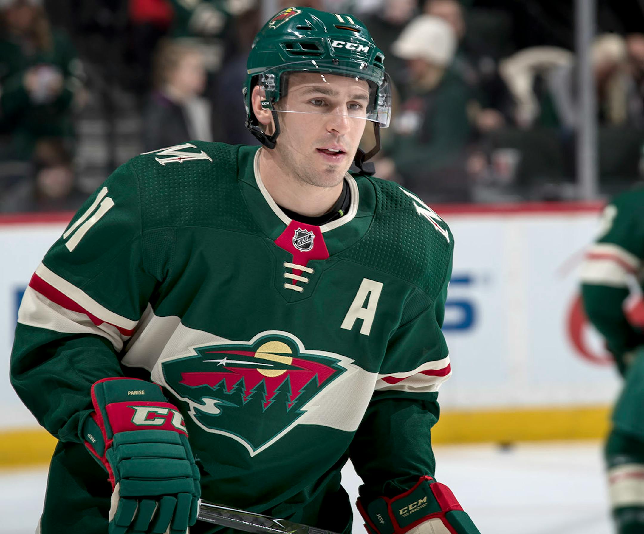 Zach Parise during the pregame warm ups. Parise is playing for the first time this season after missing 39 games due to an injury.