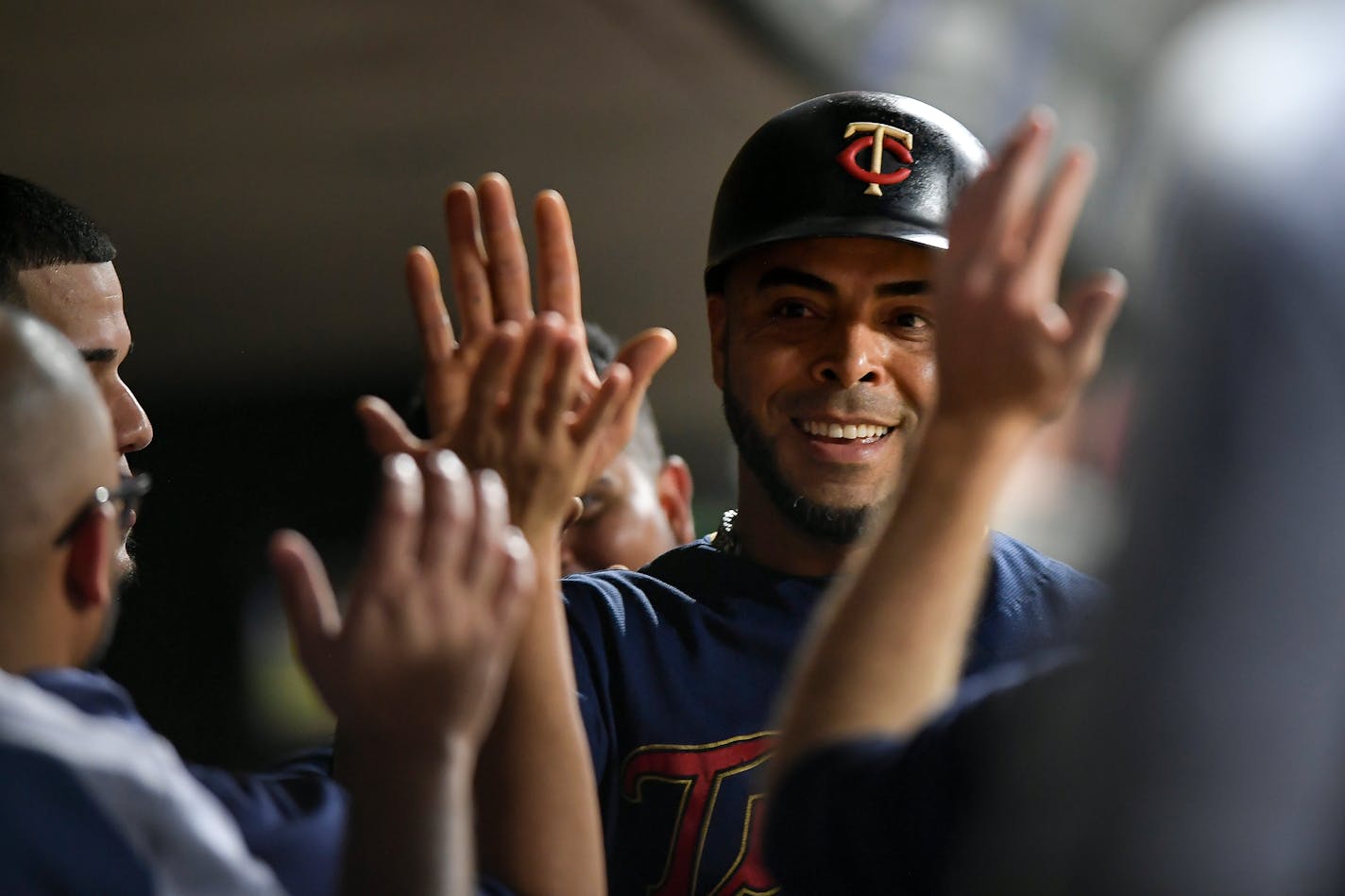 Minnesota Twins designated hitter Nelson Cruz (23) celebrated with teammates after scoring off an RBI single hit by catcher Willians Astudillo (64) in the bottom of the fifth inning. ] Aaron Lavinsky • aaron.lavinsky@startribune.com The Minnesota Twins played the Kansas City Royals on Saturday, Sept. 21, 2019 at Target Field in Minneapolis, Minn.