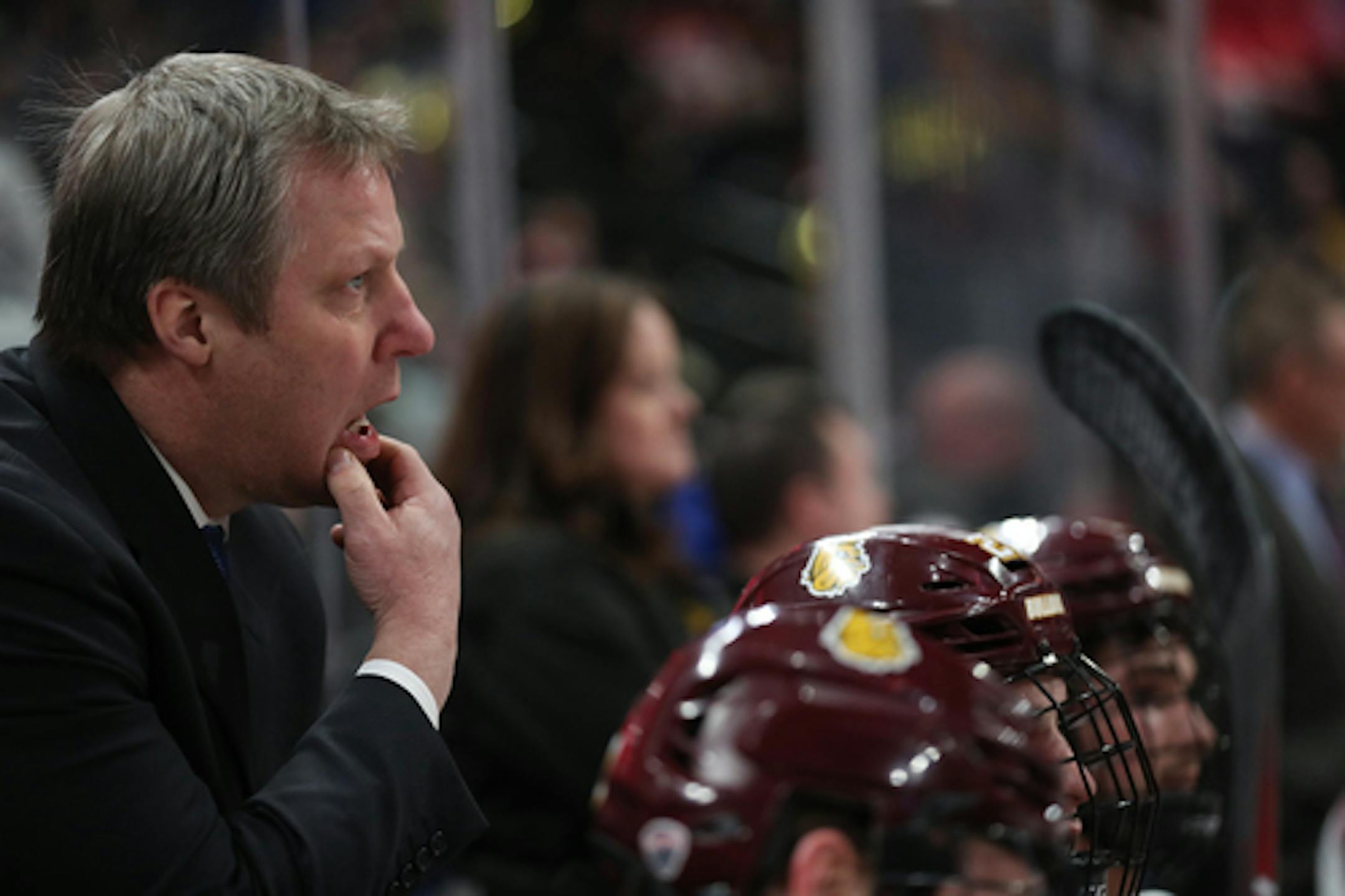 Minnesota-Duluth head coach Scott Sandelin waited for the refs to make a call in the first period.