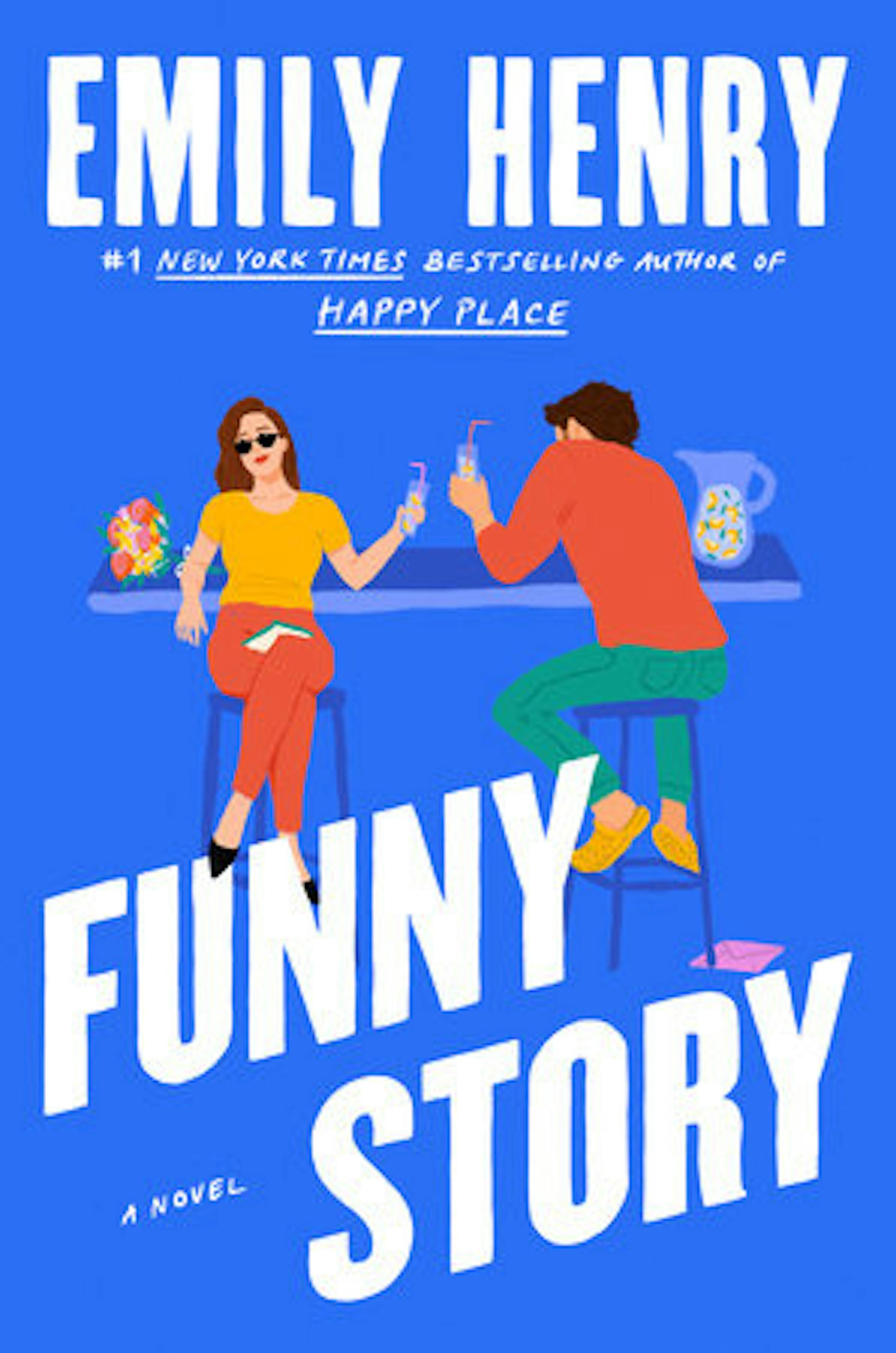 cover of "Funny Story" is a cartoon of a man and woman sitting at a bar, with a blue background