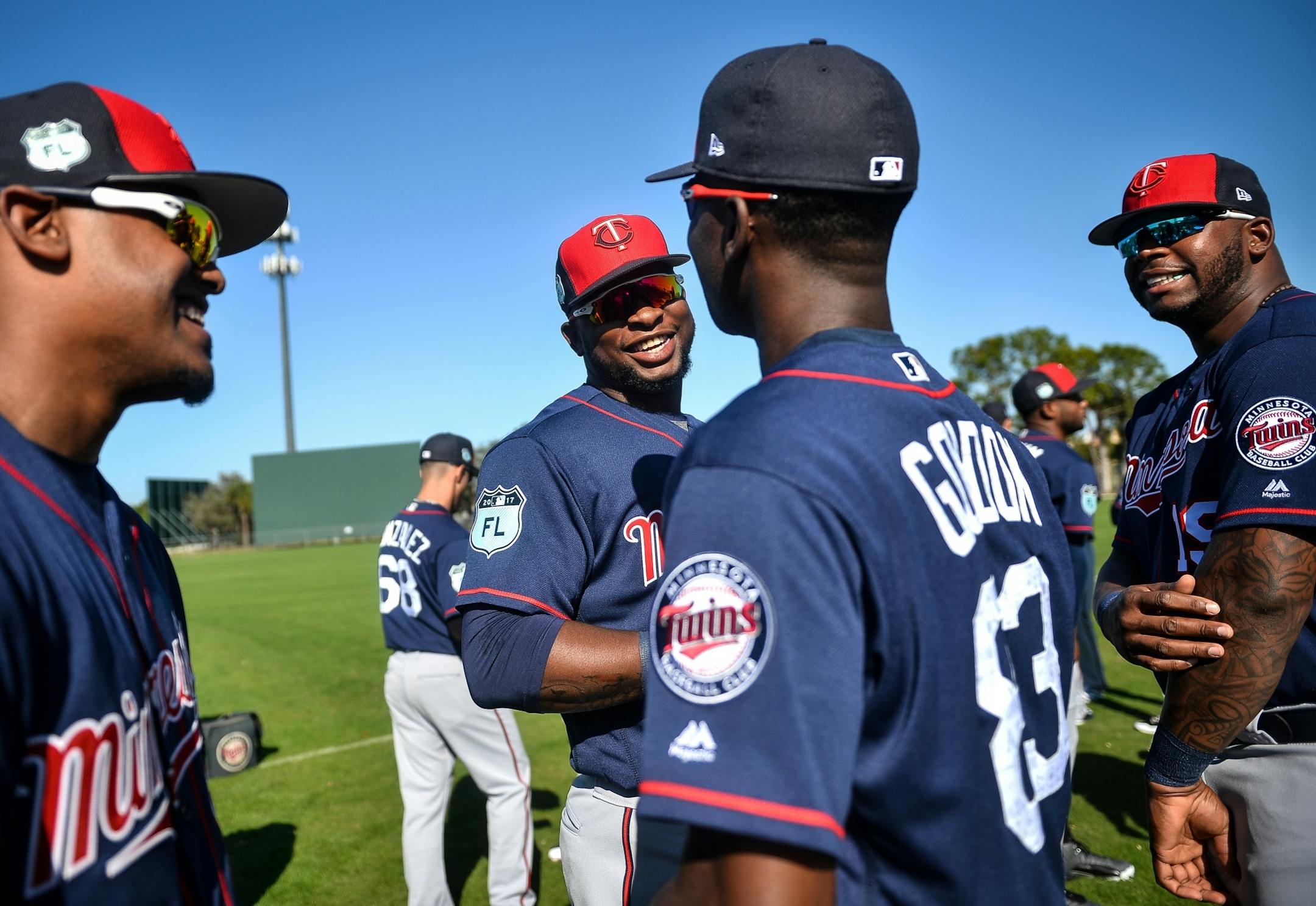 Miguel Sano, left of center, shook hands with shortstop Nick Gordon before warmups Sunday.