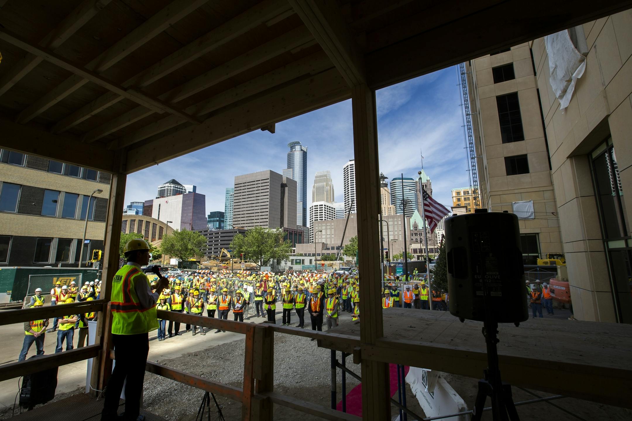 Minneapolis city councilman Jacob Frey speaks before a topping off ceremony for the Wells Fargo towers by Ryan Companies in Minneapolis on Tuesday, June 2, 2015.