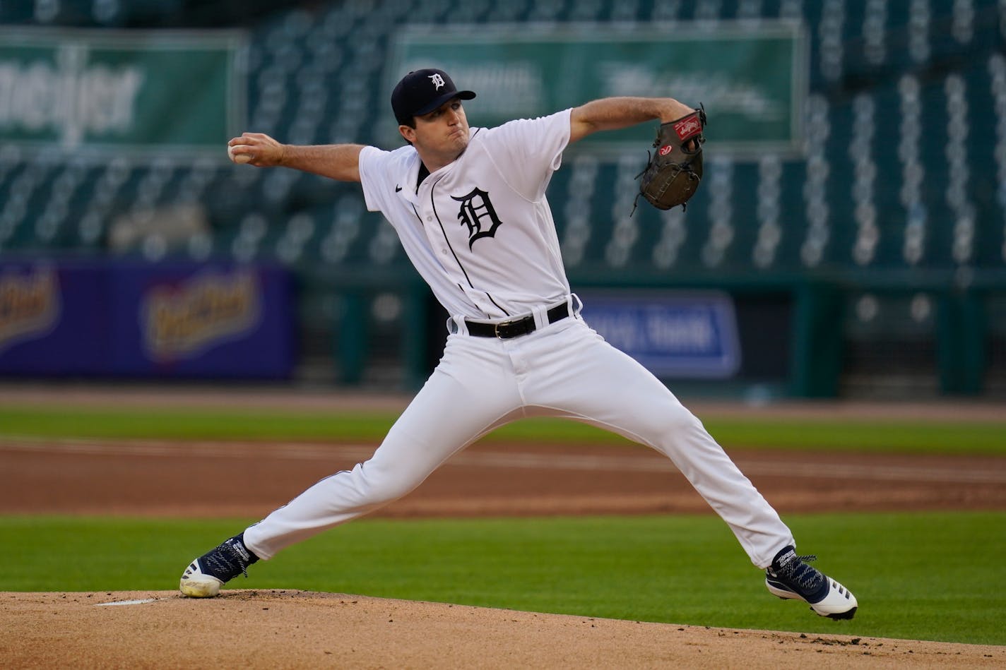 Detroit Tigers pitcher Casey Mize throws against the Cleveland Indians in the first inning of a baseball game in Detroit, Thursday, Sept. 17, 2020. (AP Photo/Paul Sancya)