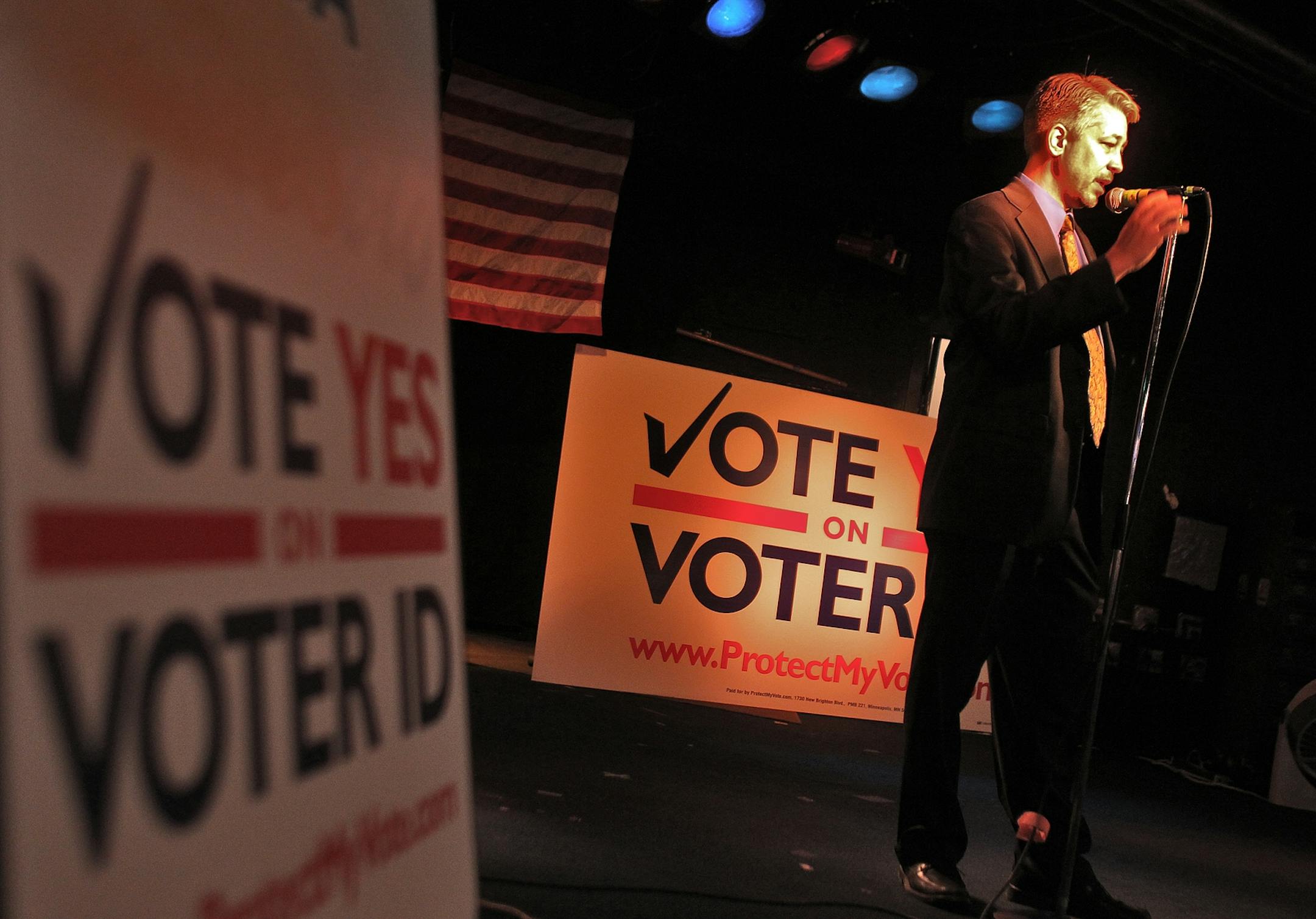 Protect My Vote Voter ID Victory Party held election night at O'Gara's Restaurant in St. Paul. Those in support of an amendment requiring a photo ID to vote gathered to watch results from the polls. Dan McGrath, executive director of Protect My Vote, spoke to those in attendance at the rally. (MARLIN LEVISON/STARTRIBUNE(mlevison@startribune.com