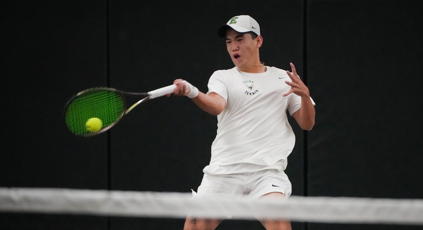 Edina's Matthew Fullerton returns the ball to Hornets teammate Nolan Ranger in the state Class 2A individual championship at the Baseline Tennis Center on the campus of the University of Minnesota in Minneapolis, Minn., on Friday, June 9, 2023. ] SHARI L. GROSS • shari.gross@startribune.com