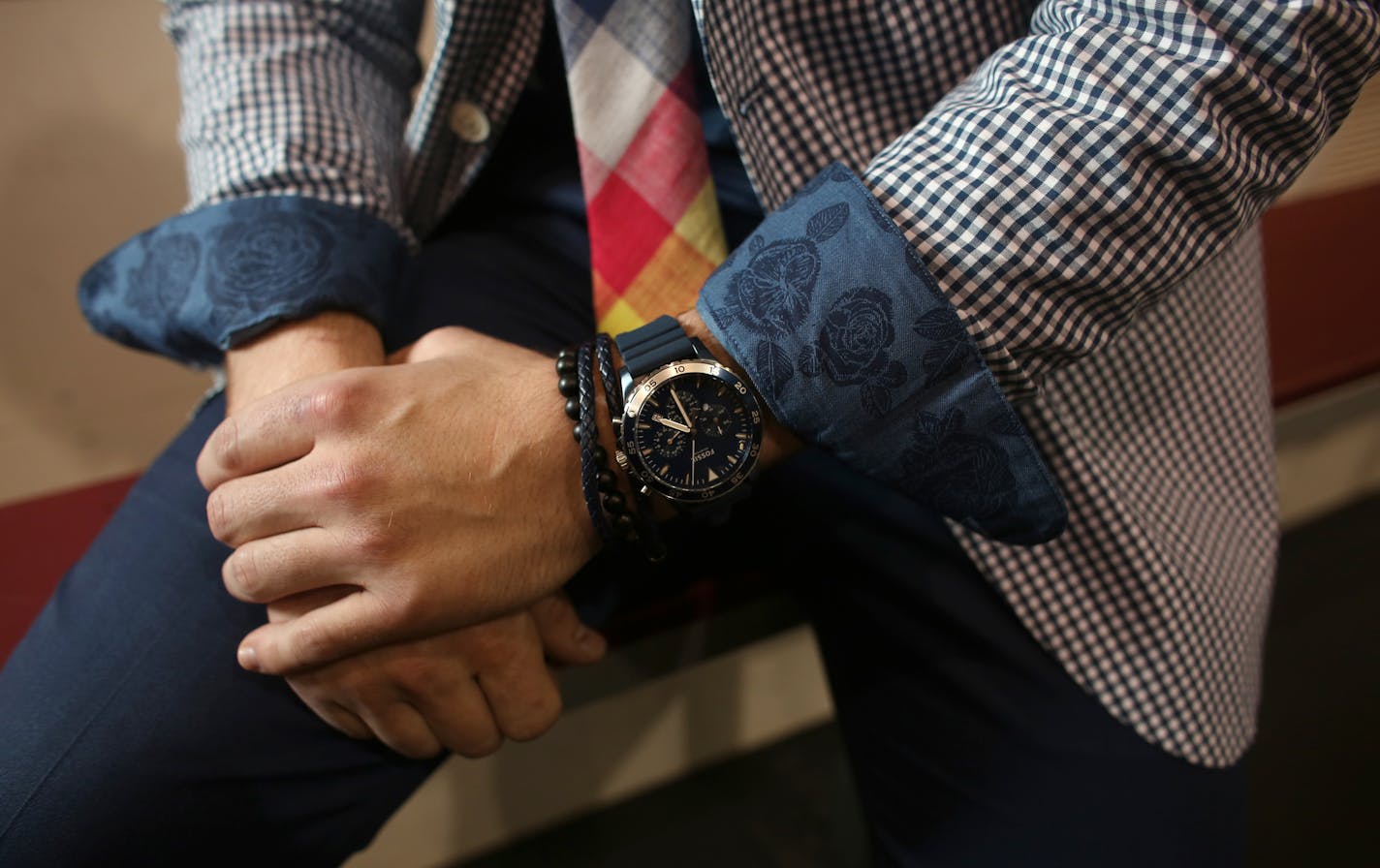 Gopher forward Vinni Lettieri said that he liked wearing accessories such as watches and bans to add to his look. ] (KYNDELL HARKNESS/STAR TRIBUNE) kyndell.harkness@startribune.com Vinni Lettieri is having his best season with the Gophers, and he also might be the best-dressed guy in Gophers sports. This was shot Tuesday, Feb. 28, 2017 at Mariucci Arena in Minneapolis, Min.