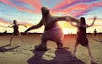 An artist's concept of early humans hunting a giant ground sloth.