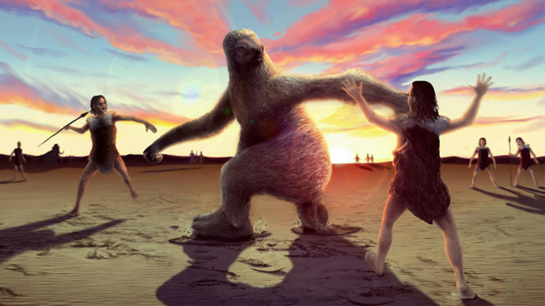 An artist's concept of early humans hunting a giant ground sloth.