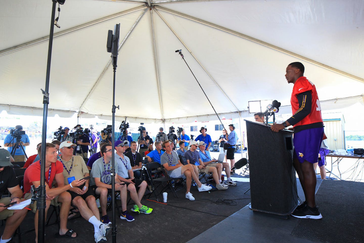 Minnesota Vikings quarterback Teddy Bridgewater speaks at his first press conference since his knee injury last year, during an NFL football training camp in Mankato, Minn., Thursday, July 27, 2017.