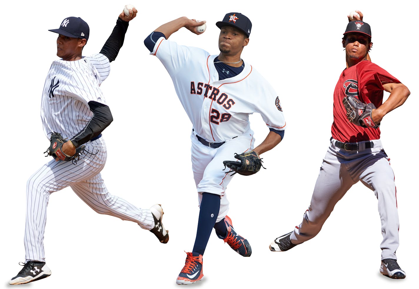 (From left) LUIS RIJO, 19, pitcher traded from N.Y. Yankees. Assigned to rookie league Elizabethton; JORGE ALCALA, 23, pitcher traded from Houston. Assigned to Class AA Chattanooga; JHOAN DURAN, 20, pitcher traded from Arizona. Assigned to Class A Cedar Rapids.