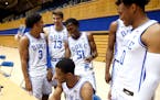 Duke's Tre Jones (3) laughs with Joey Baker (13), Mike Buckmire (51), Cassius Stanley (2), and Wendell Moore (0) during media day at Cameron Indoor St