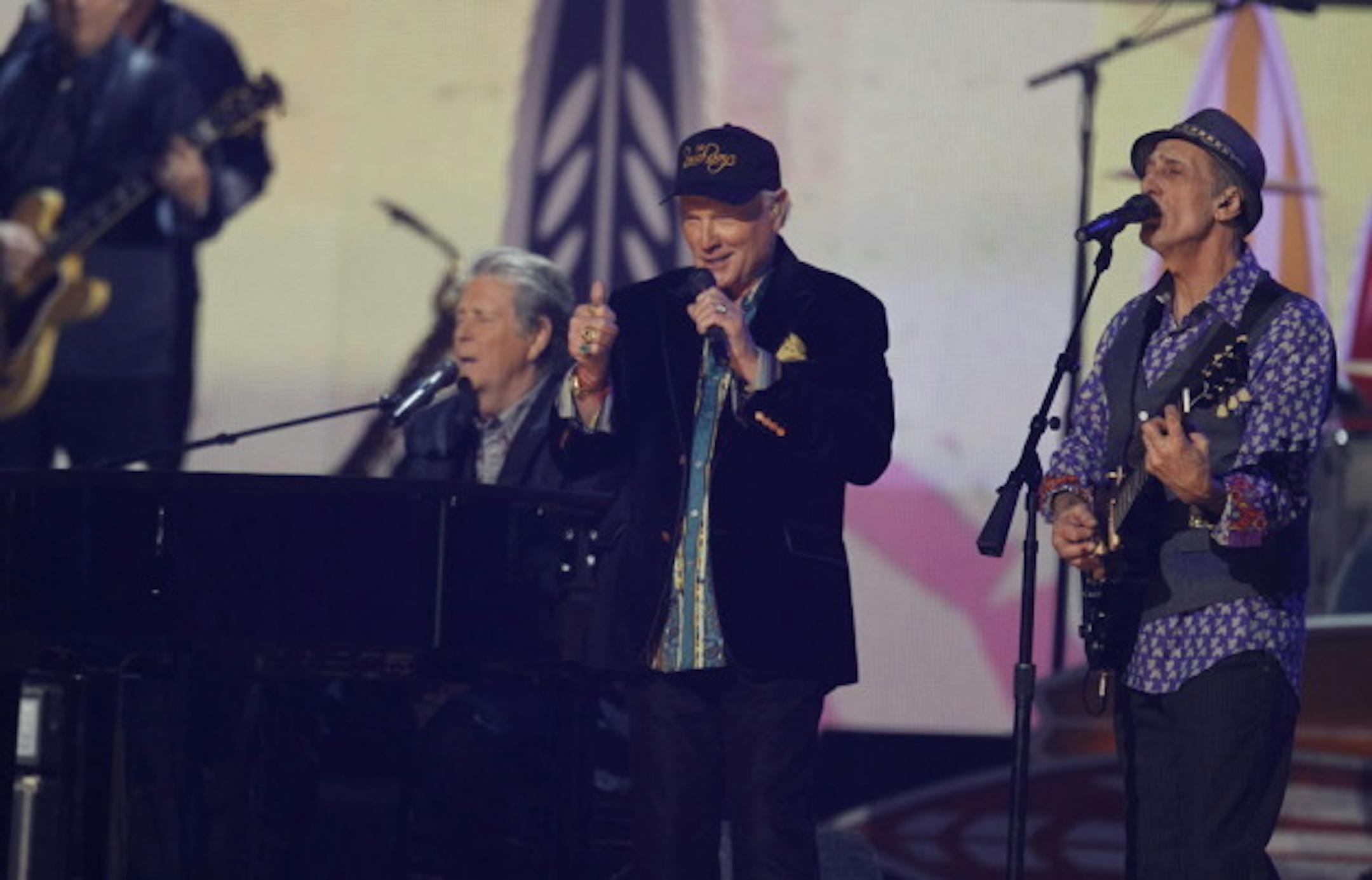 Brian Wilson, Mike Love and David Marks of the Beach Boys performed Sunday at the Grammy Awards. / Robert Gauthier, Los Angeles Times