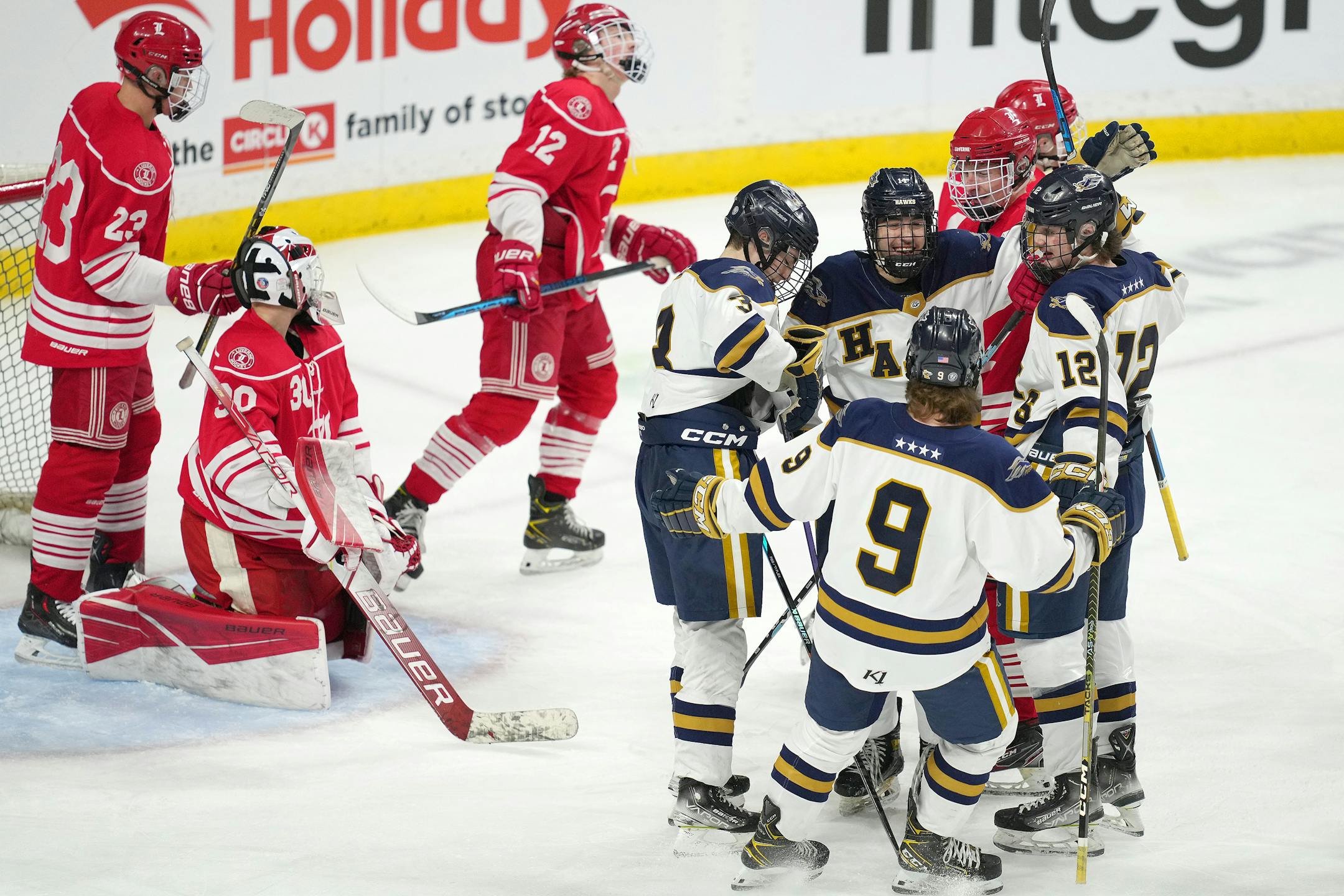 Hermantown forward Aaron Evjen (14) celebrates after scoring on Luverne goaltender Tyler Arends (30) in the first period of a MSHSL Class 1A quarterfinal hockey game between Luverne and Hermantown.