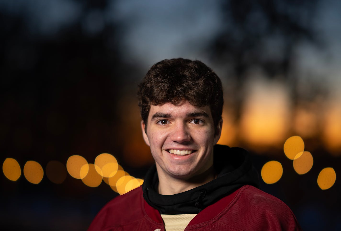 Forward Finn Brink of Maple Grove High School, a selection for the Star Tribune's All Metro First Team, photographed Sunday evening, February 5, 2023 on the backyard rink of Tom Schoolmeesters in Circle Pines, Minn. ] JEFF WHEELER • jeff.wheeler@startribune.com