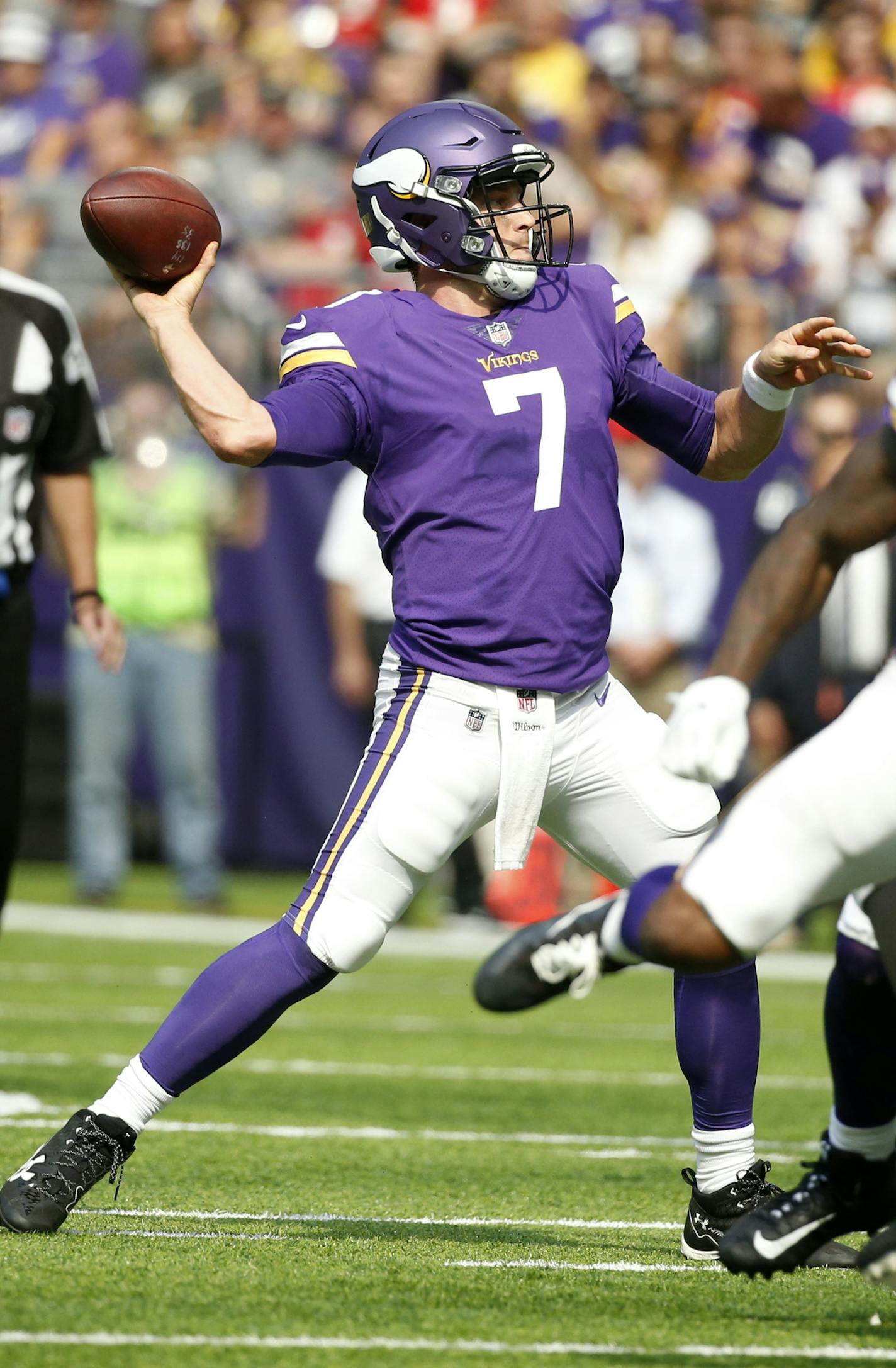 Minnesota Vikings quarterback Case Keenum (7) throws a pass during the first half of an NFL football game against the Tampa Bay Buccaneers, Sunday, Sept. 24, 2017, in Minneapolis. (AP Photo/Bruce Kluckhohn)