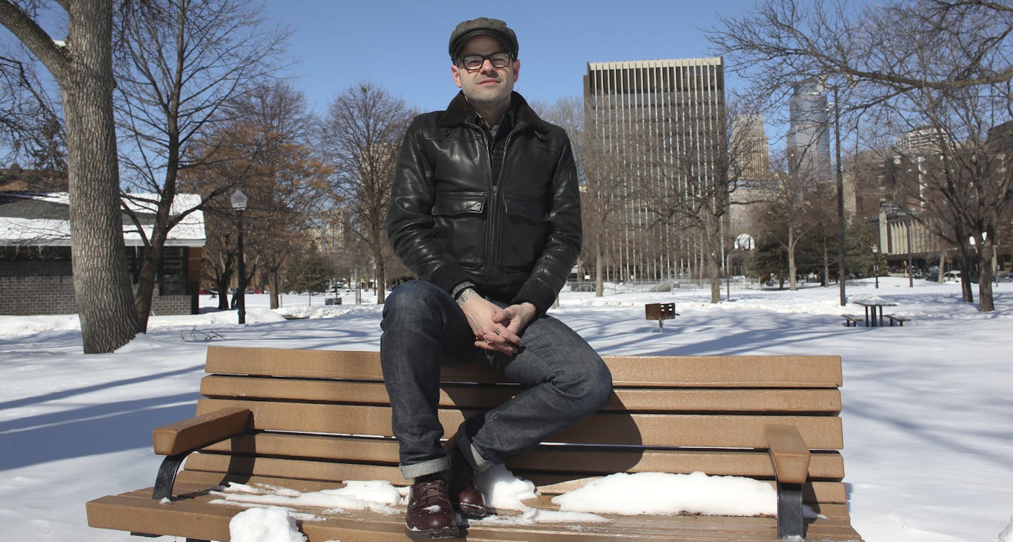 Jay Bakker, son of Jim and Tammy Fay, sat in Elliot Park where his parents use to meet when they went to North Central University in Minneapolis, Min., Wednesday, March 20, 2013. ] (KYNDELL HARKNESS/STAR TRIBUNE) kyndell.harkness@startribune.com