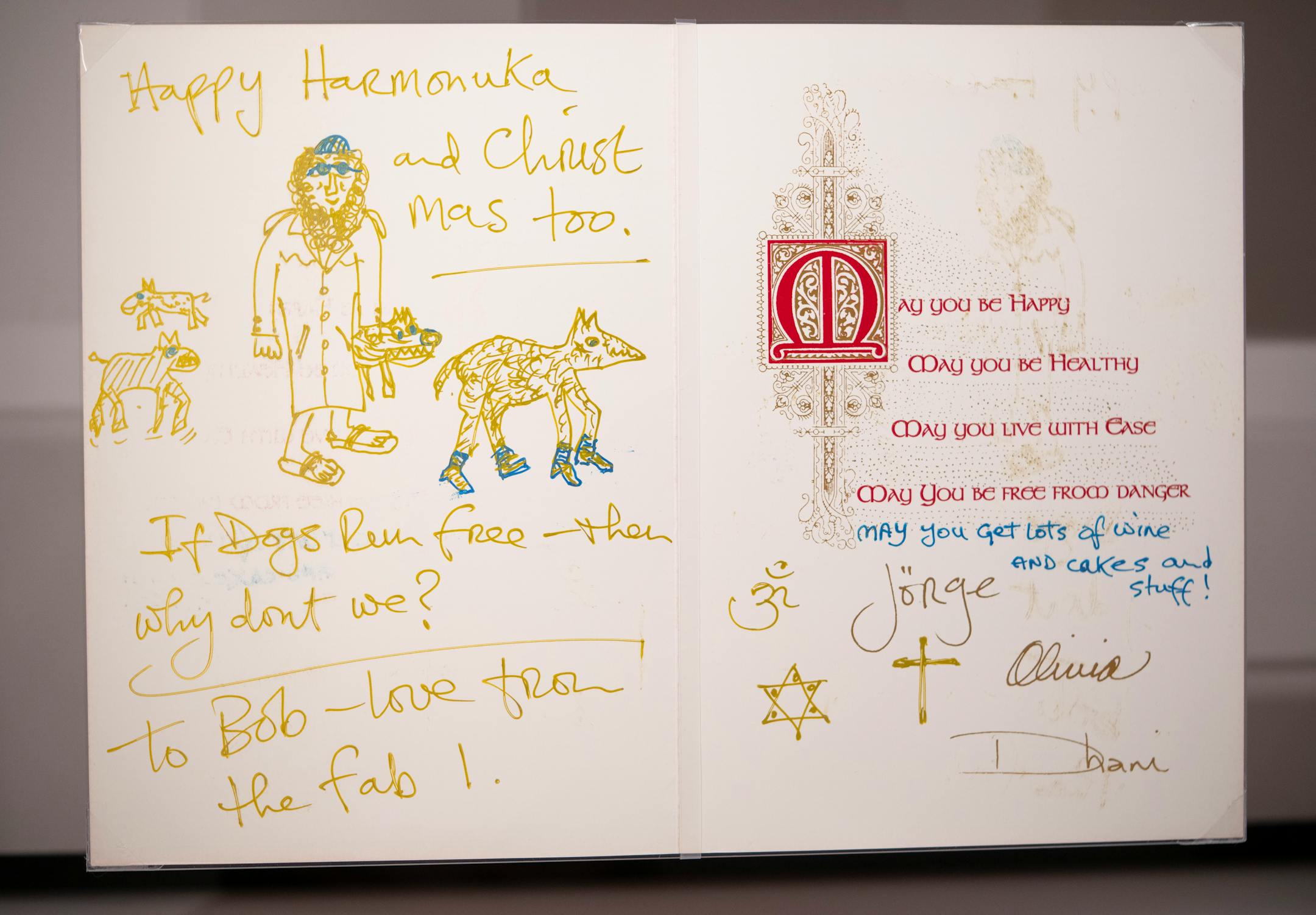 A whimsical holiday card from George Harrison to Bob Dylan.