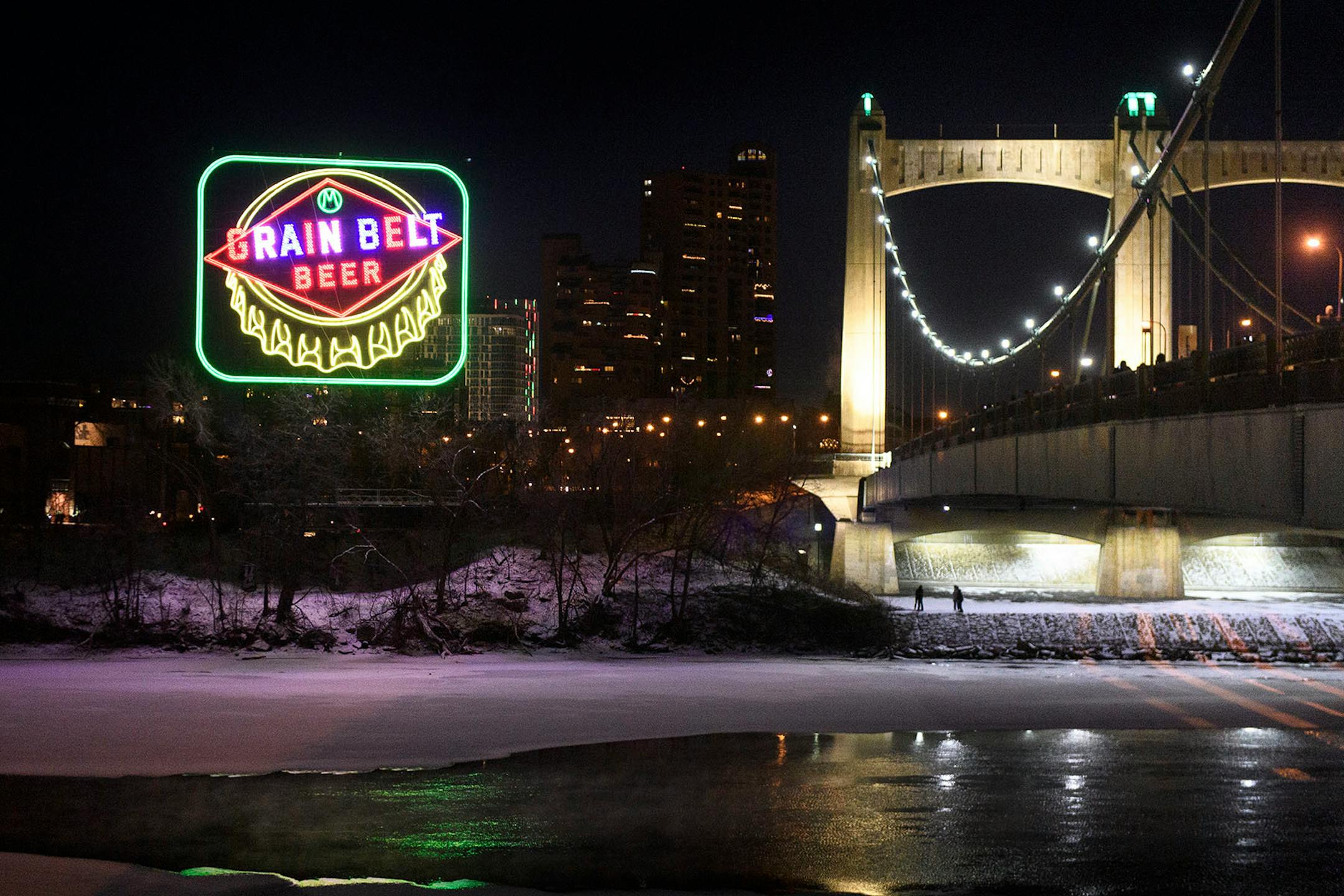 The re-lit Grain Belt sign Saturday night.