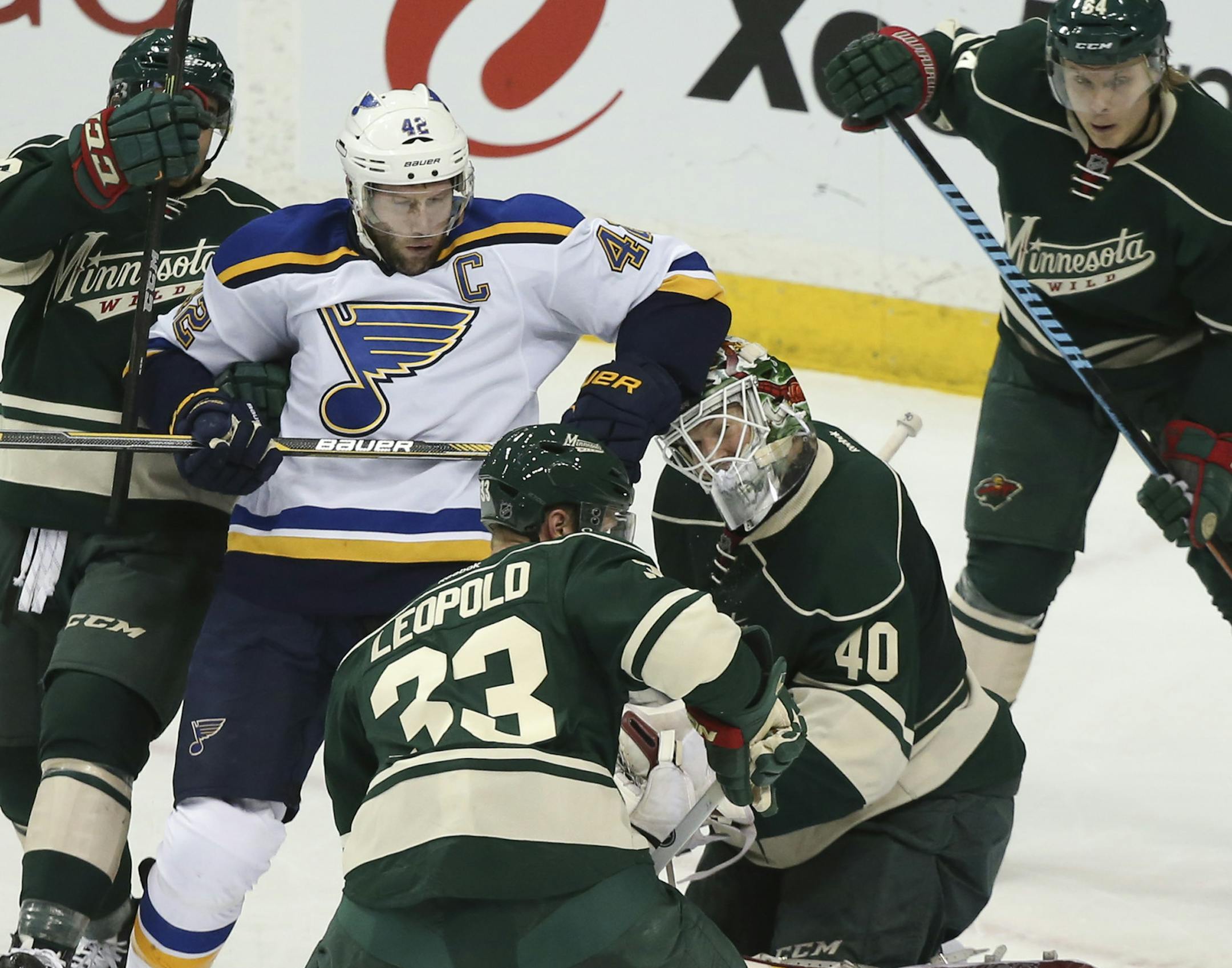 Minnesota Wild goalie Devan Dubnyk (40) got elbowed in the head by St. Louis Blues center David Backes (42) in the second period shortly before having to take a break for an injury Wednesday night. ] JEFF WHEELER ï jeff.wheeler@startribune.com The Minnesota Wild met the St. Louis Blues in game 4 of their NHL playoff series Wednesday night, April 22, 2015 at Xcel Energy Center in St. Paul.