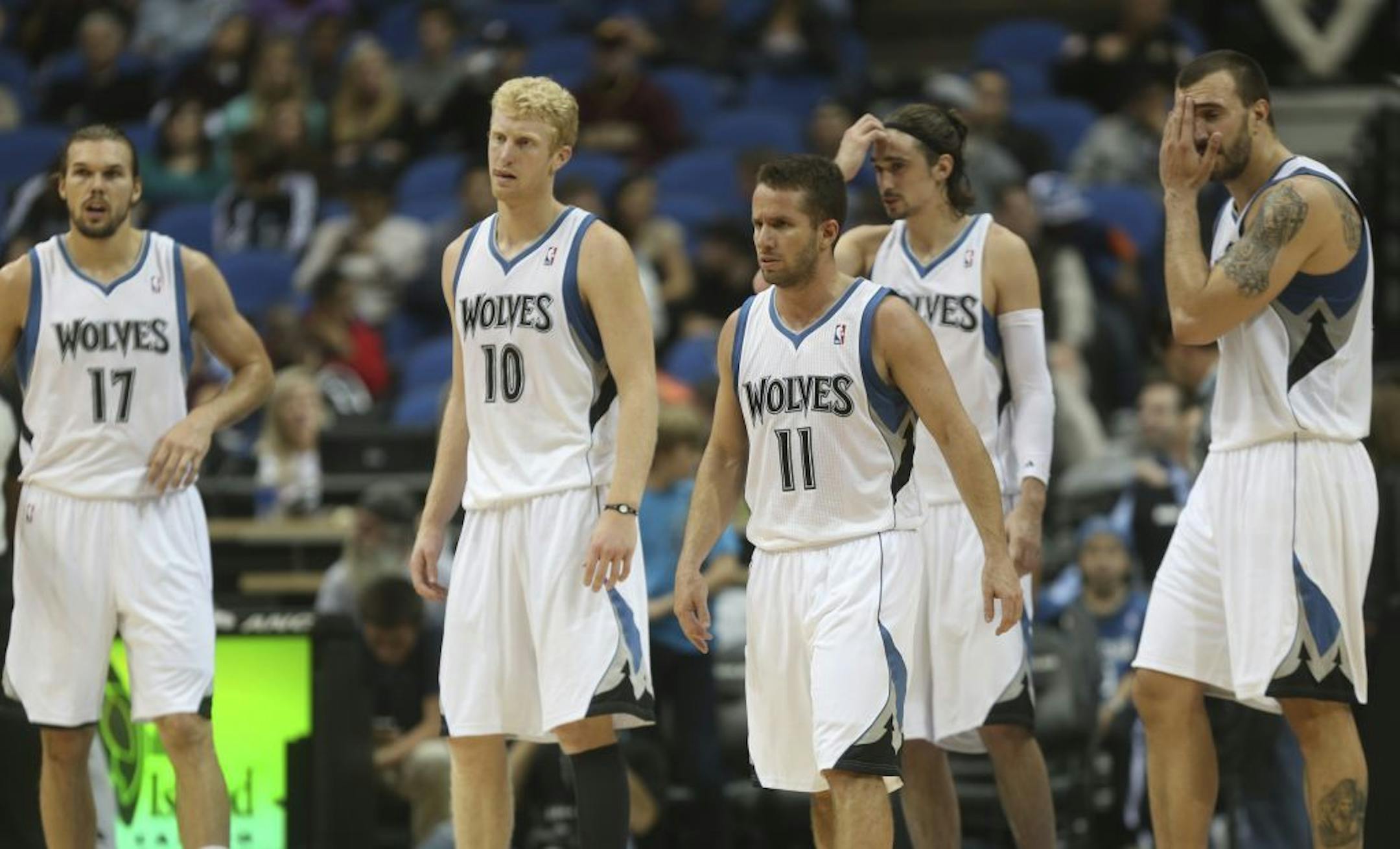 From left, the Wolves Lou Amundson, Chase Budinger, Jose Barea, Alexey Shved and Nikola Pekovic.