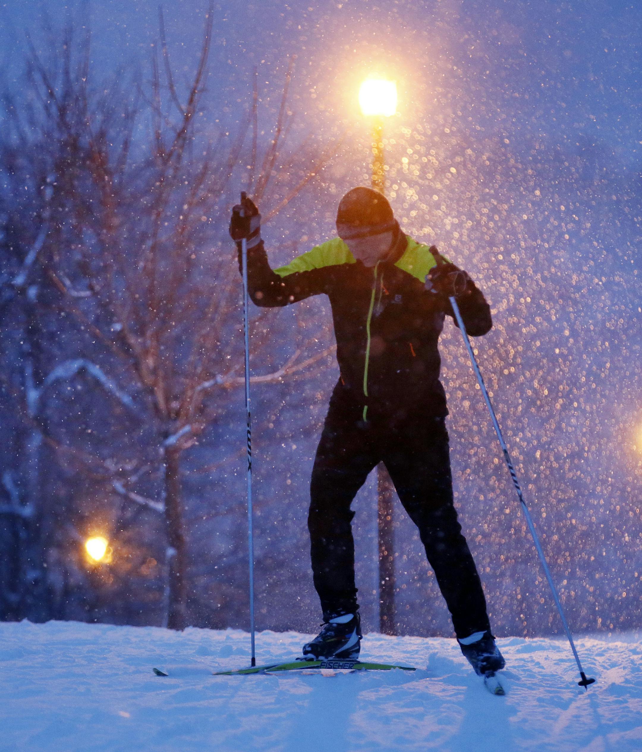 Night cross-country skiing, once a novelty, now is flourishing in the Twin Cities area. It's extremely popular because it extends the ski day; folks who work all day can still get out and ski at night, under the lights like here at Elm Creek Park in Maple Grove. ] BRIAN PETERSON ‚Ä¢ brianp@startribune.com Maple Grove, MN 01/24/2014