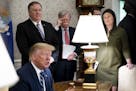 From left: Secretary of State Mike Pompeo, National Security Adviser John Bolton and Press Secretary Sarah Huckabee Sanders watched President Donald T