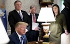From left: Secretary of State Mike Pompeo, National Security Adviser John Bolton and Press Secretary Sarah Huckabee Sanders watched President Donald T
