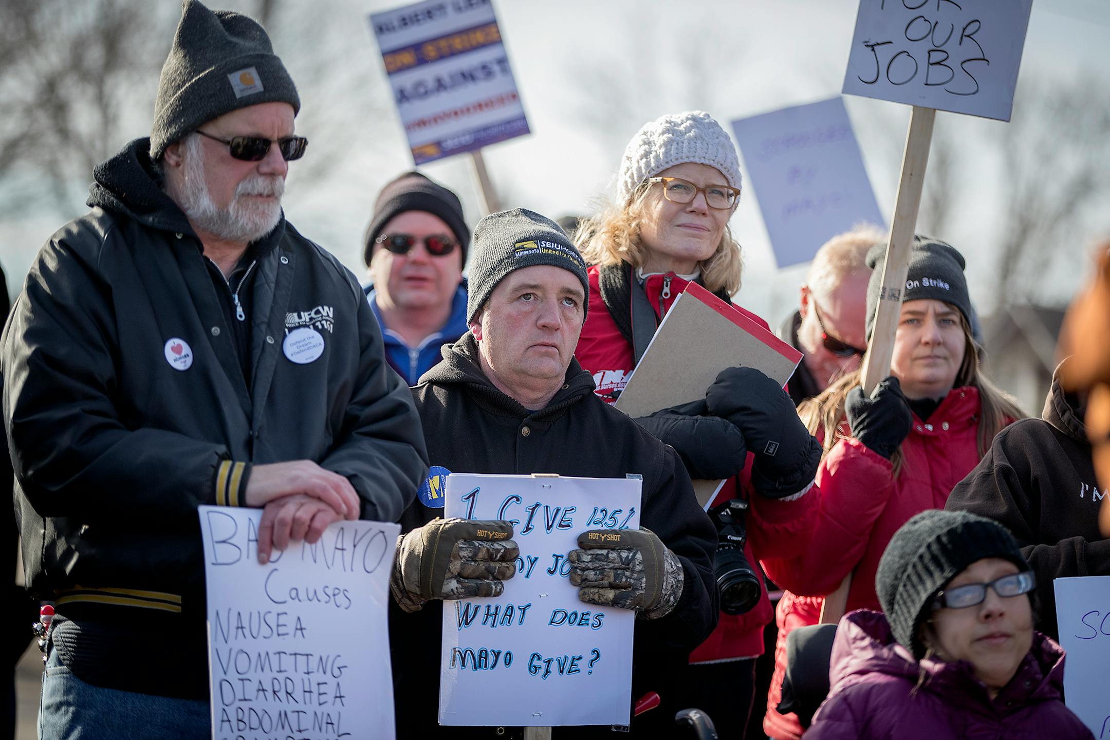 SEIU workers braved the cold wind as they staged a one-day strike at Mayo's hospital, Tuesday, December 19, 2017 in Albert Lea, MN. The strike is part of the ongoing labor-community uprising against Mayo's consolidation of its southern Minnesota hospitals.