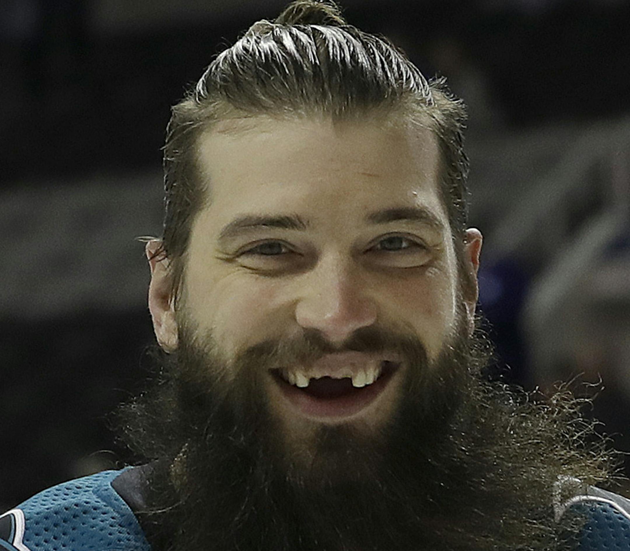 San Jose Sharks defenseman Brent Burns (88) before an NHL hockey game against the Pittsburgh Penguins in San Jose, Calif., Saturday, Jan. 20, 2018. (AP Photo/Jeff Chiu) ORG XMIT: SJA