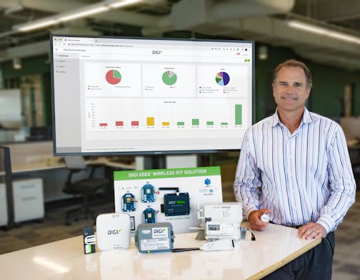 CEO Ron Konezny of Digi with some of the "Internet of Things" communications devices that link industrial equipment to the Internet for monitoring and software upgrades. Photo: Digi International