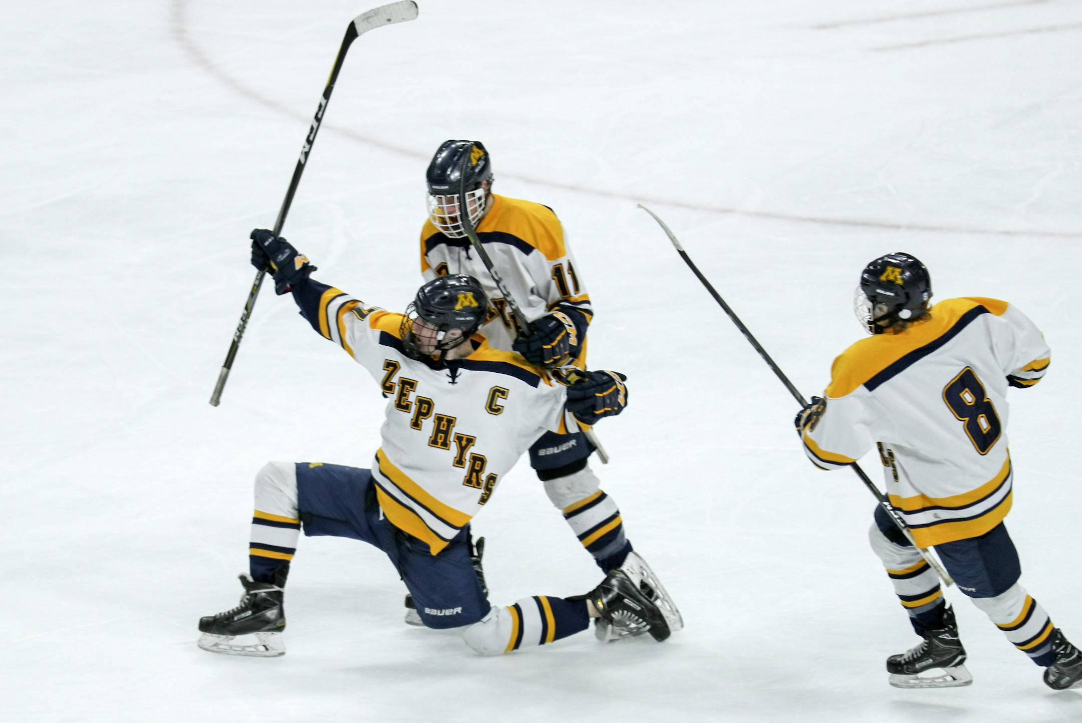 Mahtomediís Charlie Bartholomew celebrates his game winning goal with teamates Jeff Kneale (left) and Noah Skillings (right) late in the 3rd period. ] Class 1A boys' hockey quarterfinals
Mankato East/Loyola vs. Mahtomedi
BRIAN PETERSON ï brian.peterson@startribune.com
St. Paul, MN 03/07/18