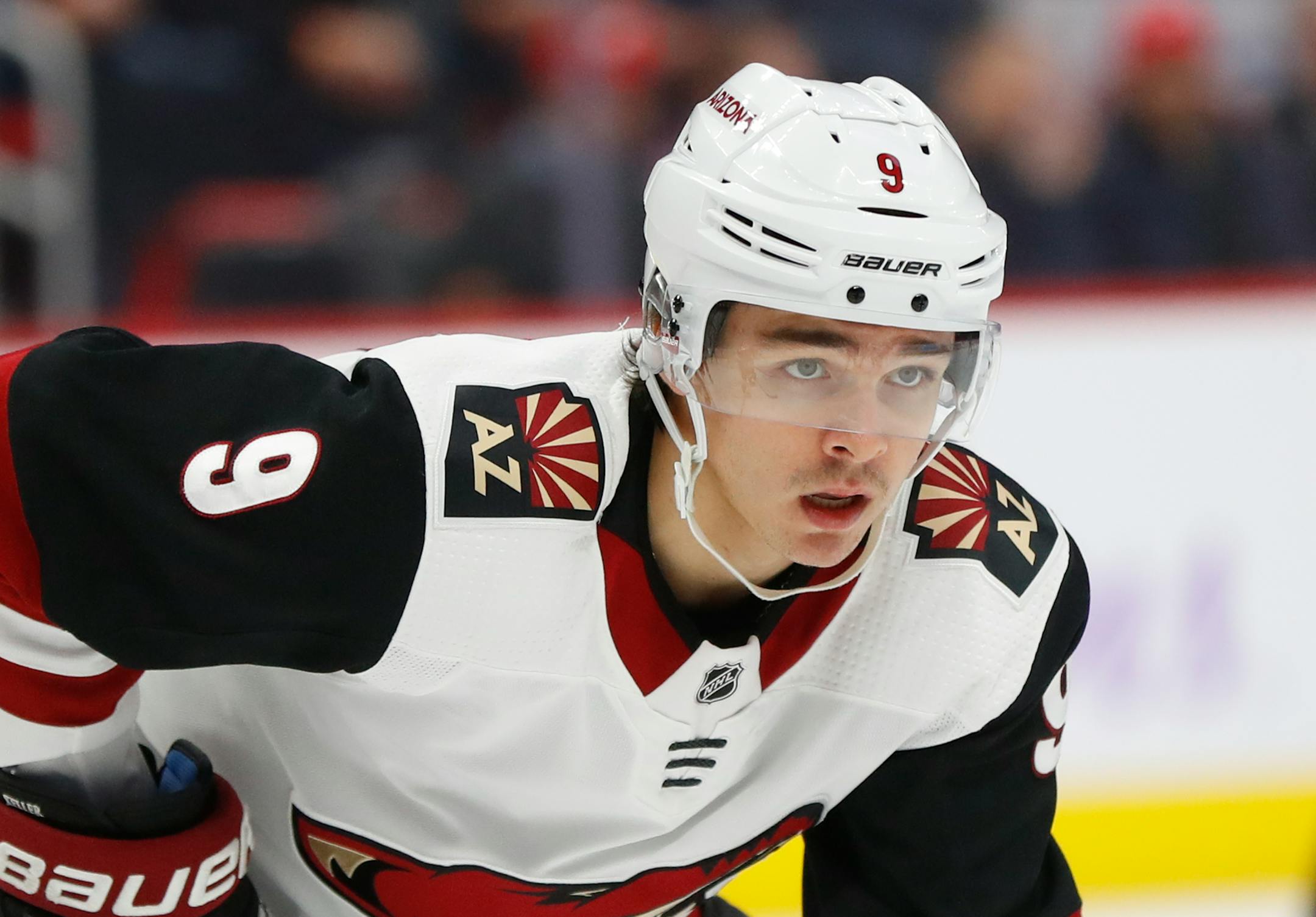Arizona Coyotes center Clayton Keller (9) plays against the Detroit Red Wings in the first period of an NHL hockey game Tuesday, Nov. 13, 2018, in Detroit. (AP Photo/Paul Sancya)