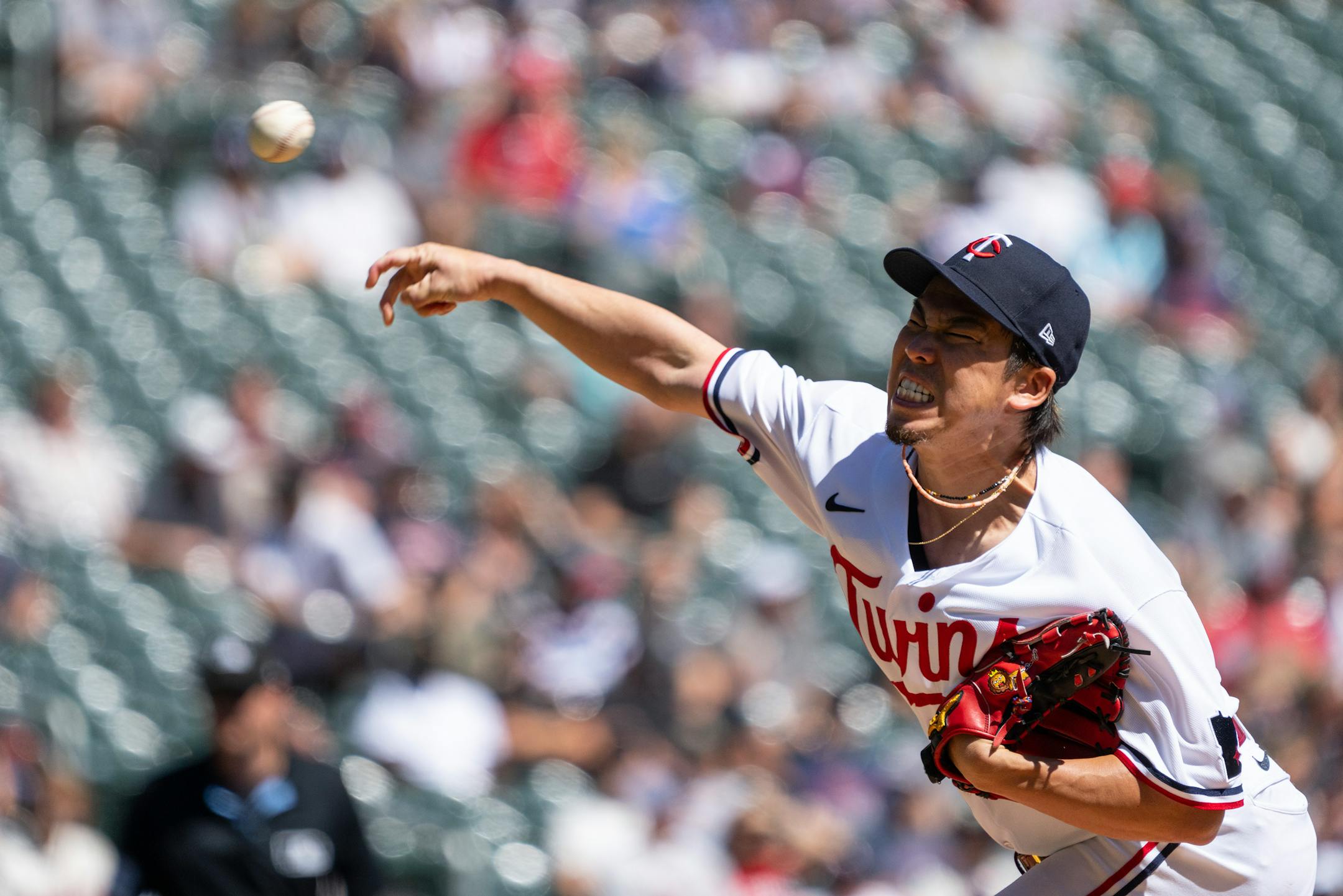 Minnesota Twins starting pitcher Kenta Maeda (18) throws out the opening pitch against the Detroit Tigers Wednesday, Aug. 16, 2023, at Target Field in Minneapolis.