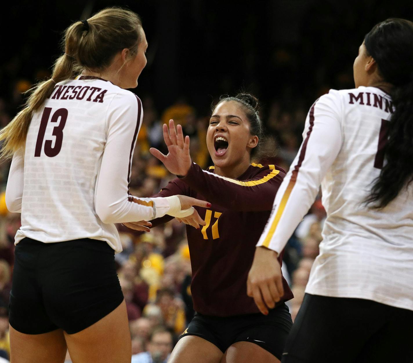 Minnesota libero/defensive specialist Dalianliz Rosado (17) celebrated a point with Minnesota middle blocker Molly Lohman (13) in the third set. ] ANTHONY SOUFFLE &#xef; anthony.souffle@startribune.com Game action from an NCAA volleyball game between the University of Minnesota and Penn State Saturday, Nov. 25, 2017 at the Maturi Sports Pavilion in Minneapolis.