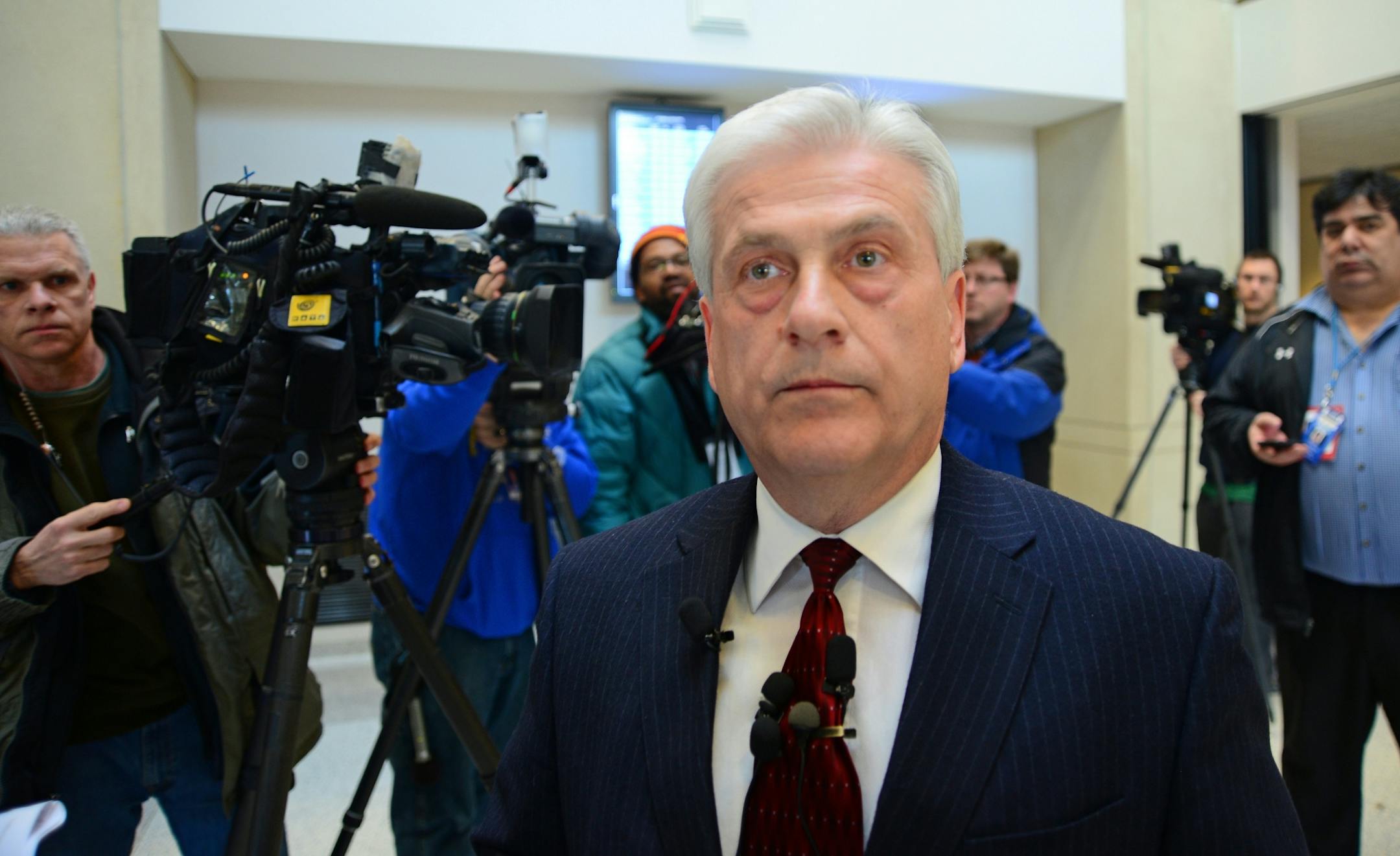 Tony Palumbo, Anoka County Attorney, talked to the media after the first court appearance by Bradley Schnickel, the Minneapolis police officer accused of having sexual contact with girls.