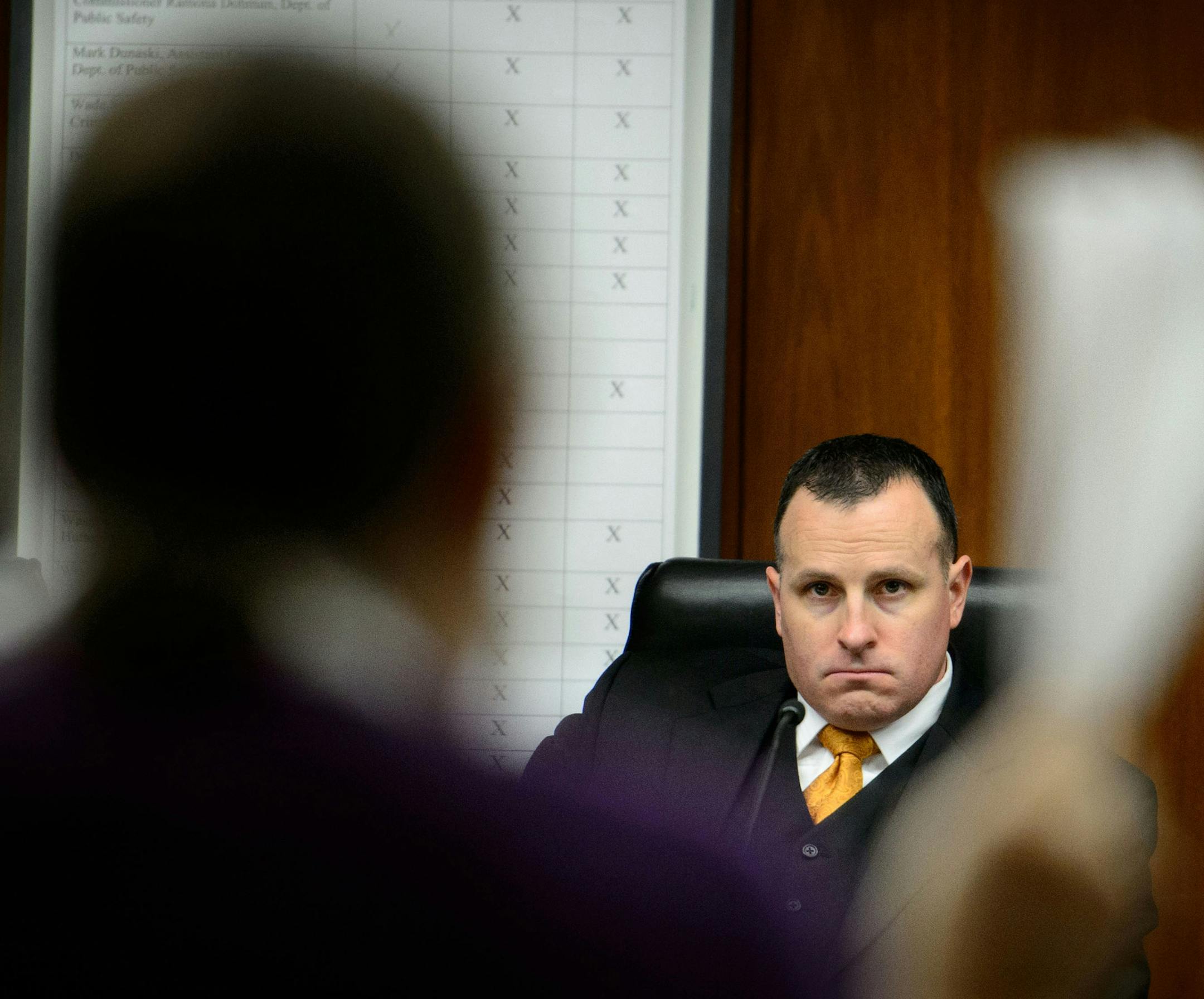 Committee Chair Rep. John Lesch listened as Rich Neumeister testified about police surveillance during a hearing of the House Civil Law Committee Tuesday. Only five of the 20 invited law enforcement officers attended.