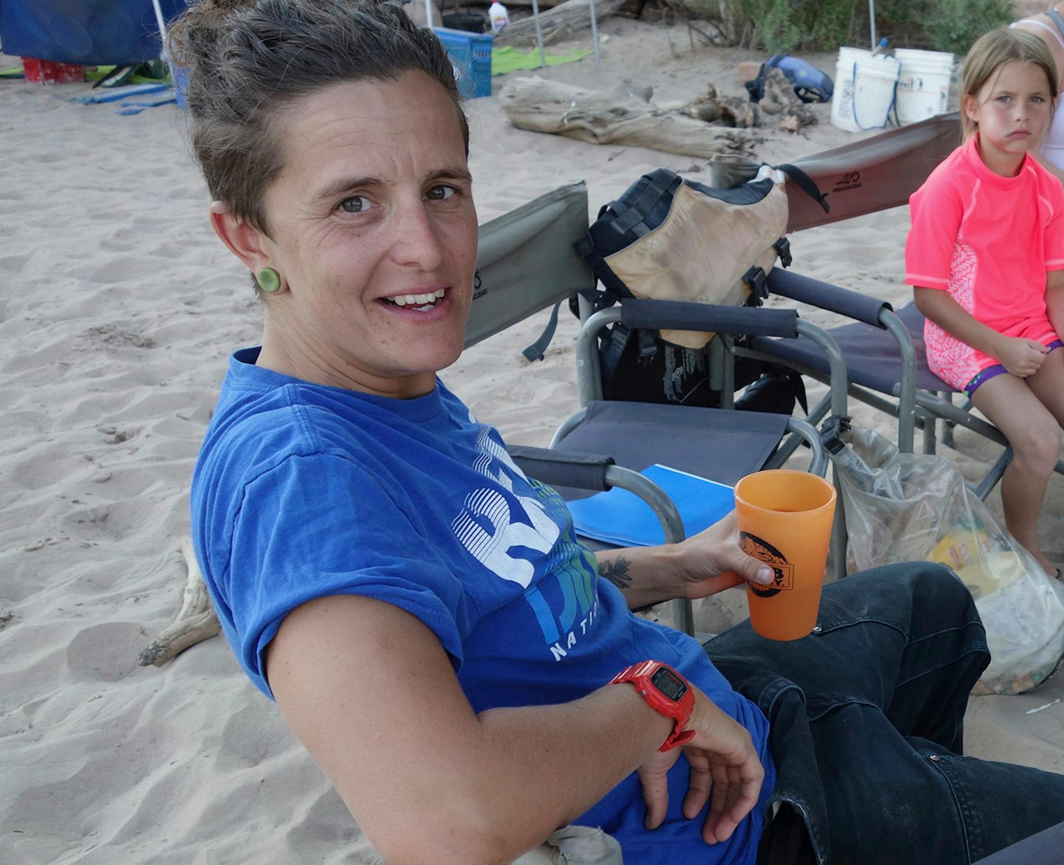 Our lead guide, Smiles Littlefield, who signed her emails "River love," enjoys a little post-supper relaxation with my niece, Faith Johnson.