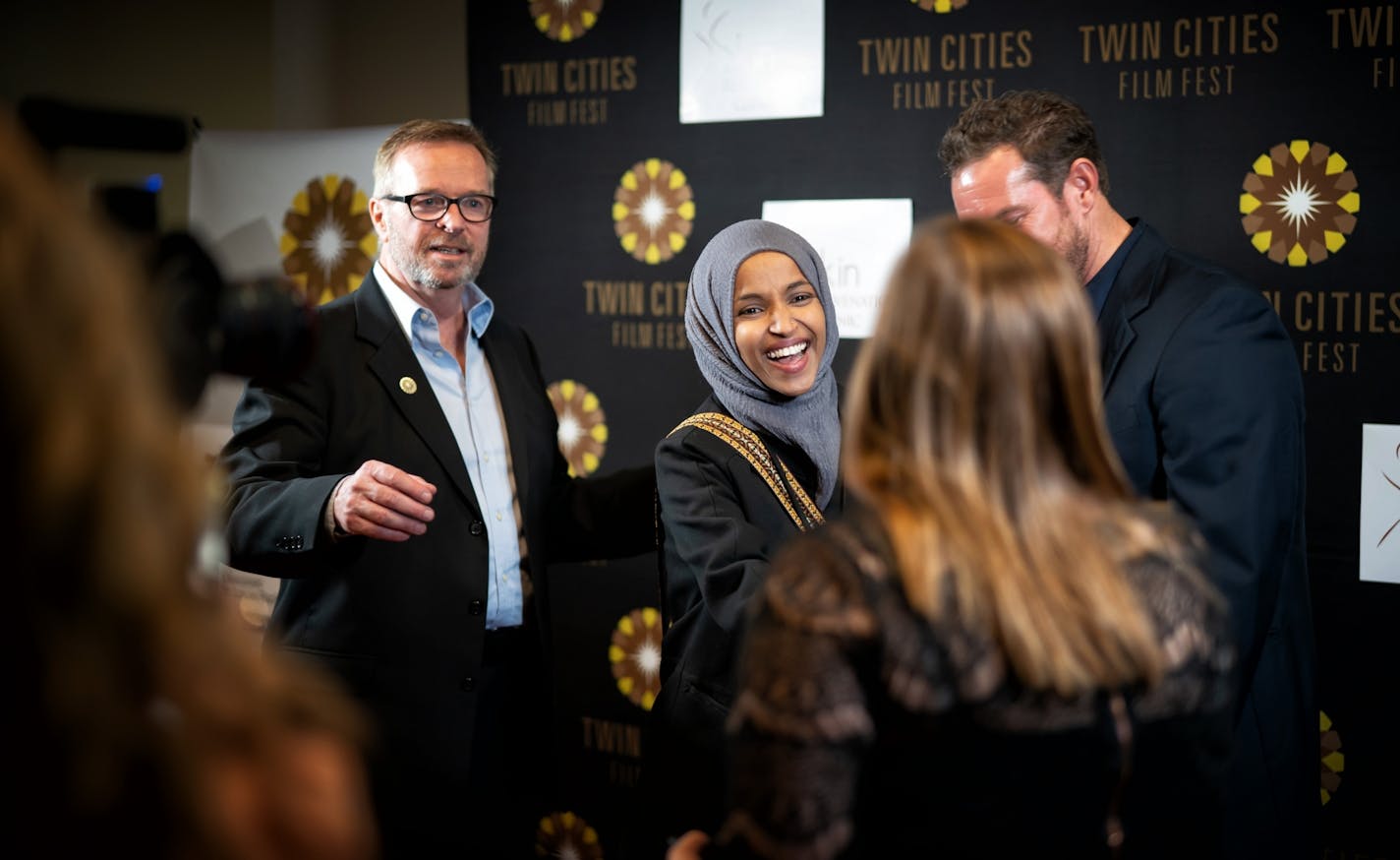 Ilhan Omar was interviewed at the Twin Cities Film Fest at the West End theater in St. Louis Park before the screening of Time for Ilhan a film by Norah Shapiro about Omar's life.